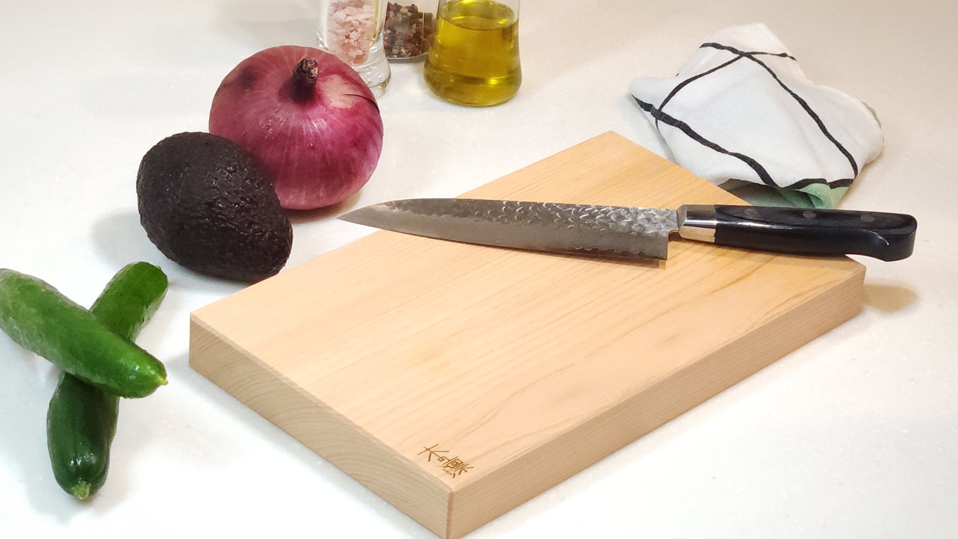 Hinoki Manaita in a Kitchen setup