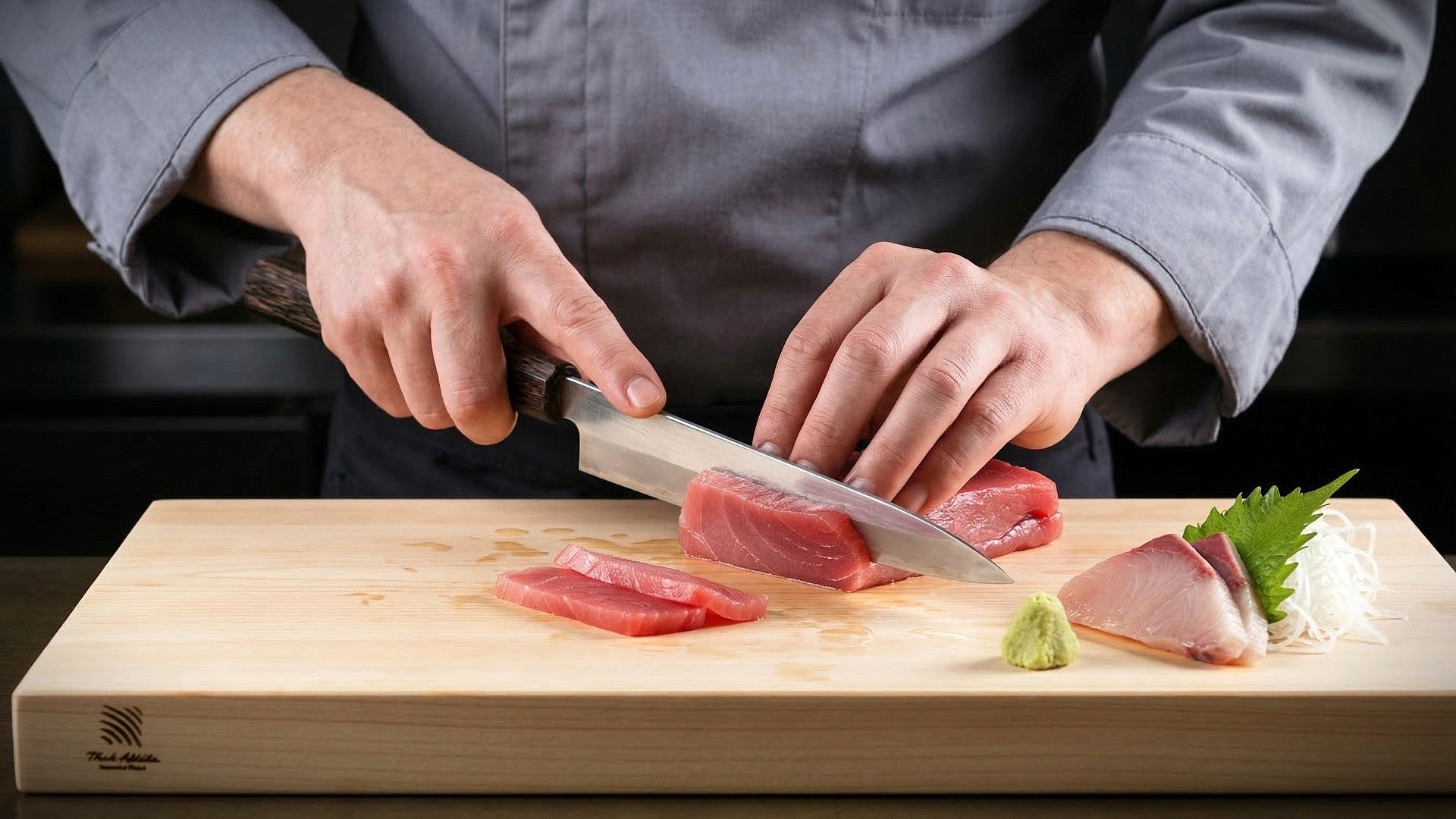 Japanese chef cutting sashimi on a hinoki manaita