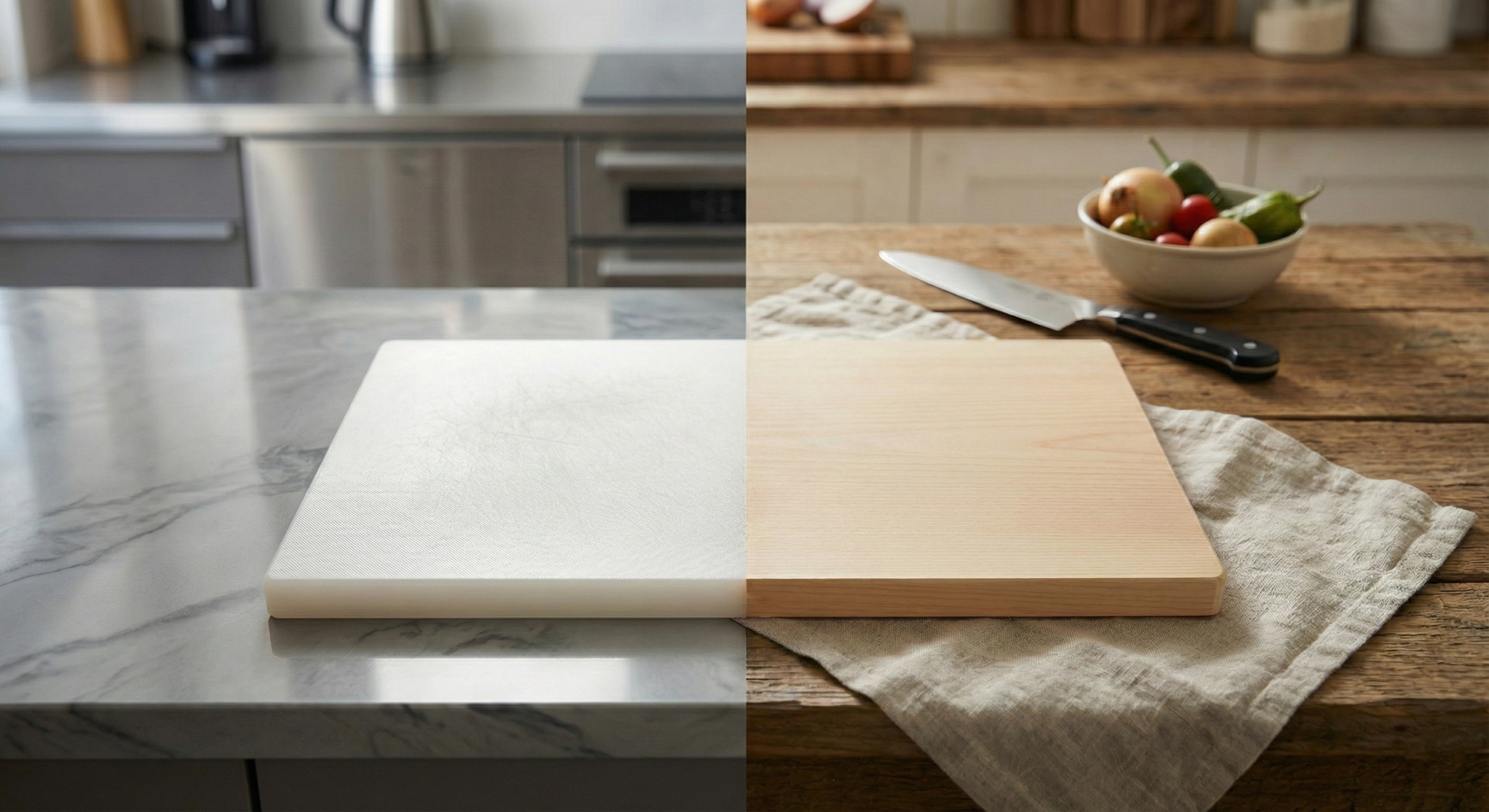 visual of a plastic cutting board vs a wooden one.