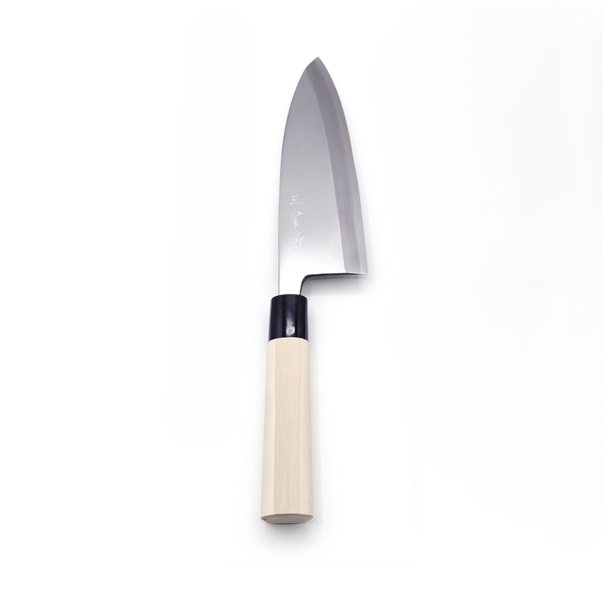 Front view of a 180mm Deba Japanese Knife. Tsukushi