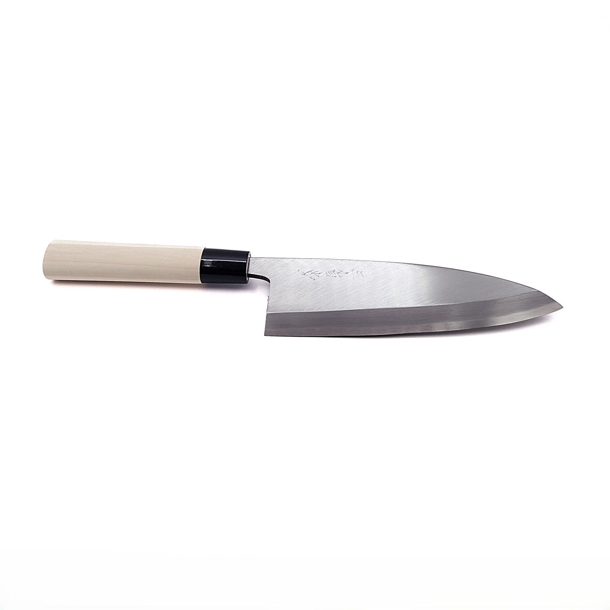 Side view of a 180mm Deba Japanese Knife. Tsukushi