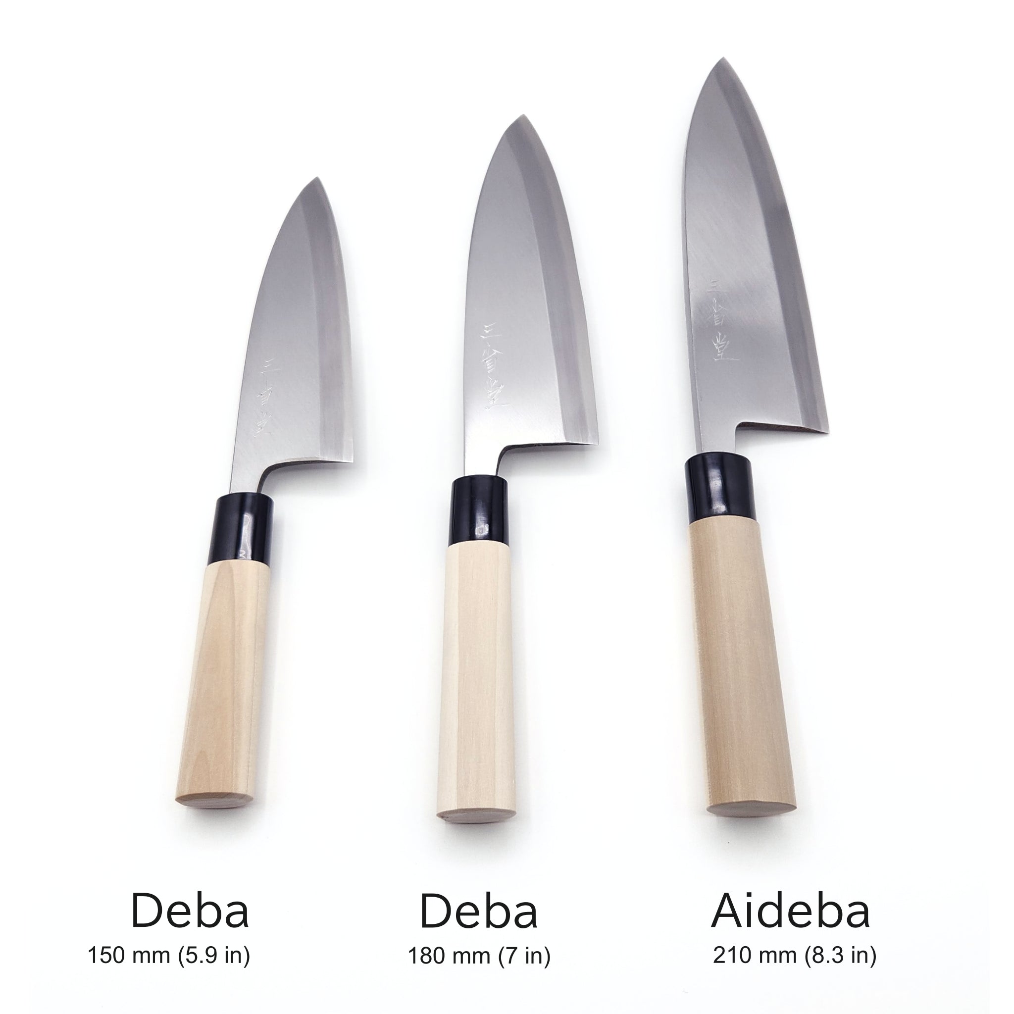 comparison of Deba Japanese Knife sizes. Tsukushi