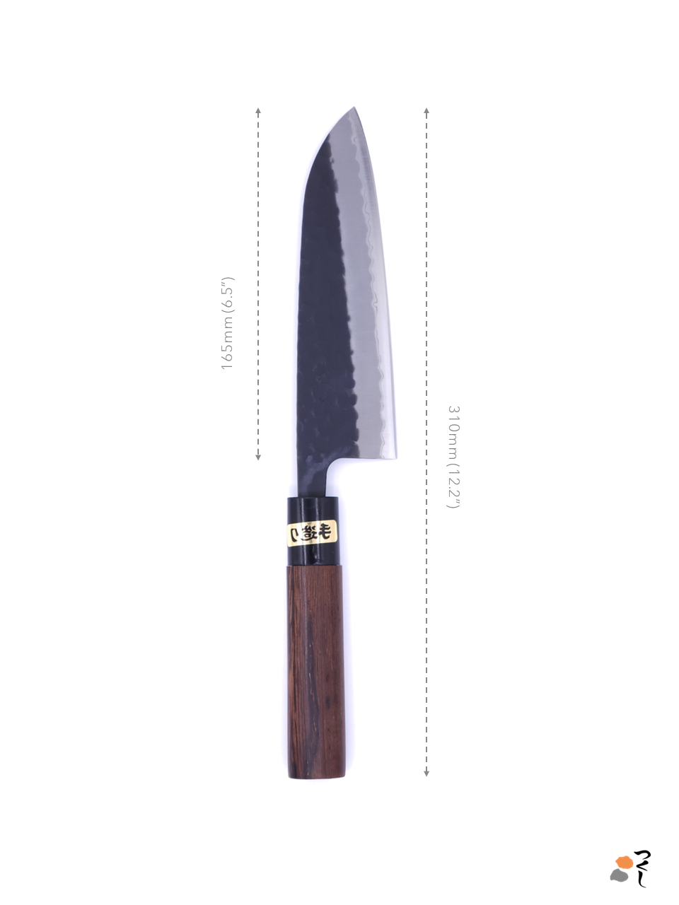 Santoku Japanese Knife made with Aogami Super steel, wooden handle. Size detail.