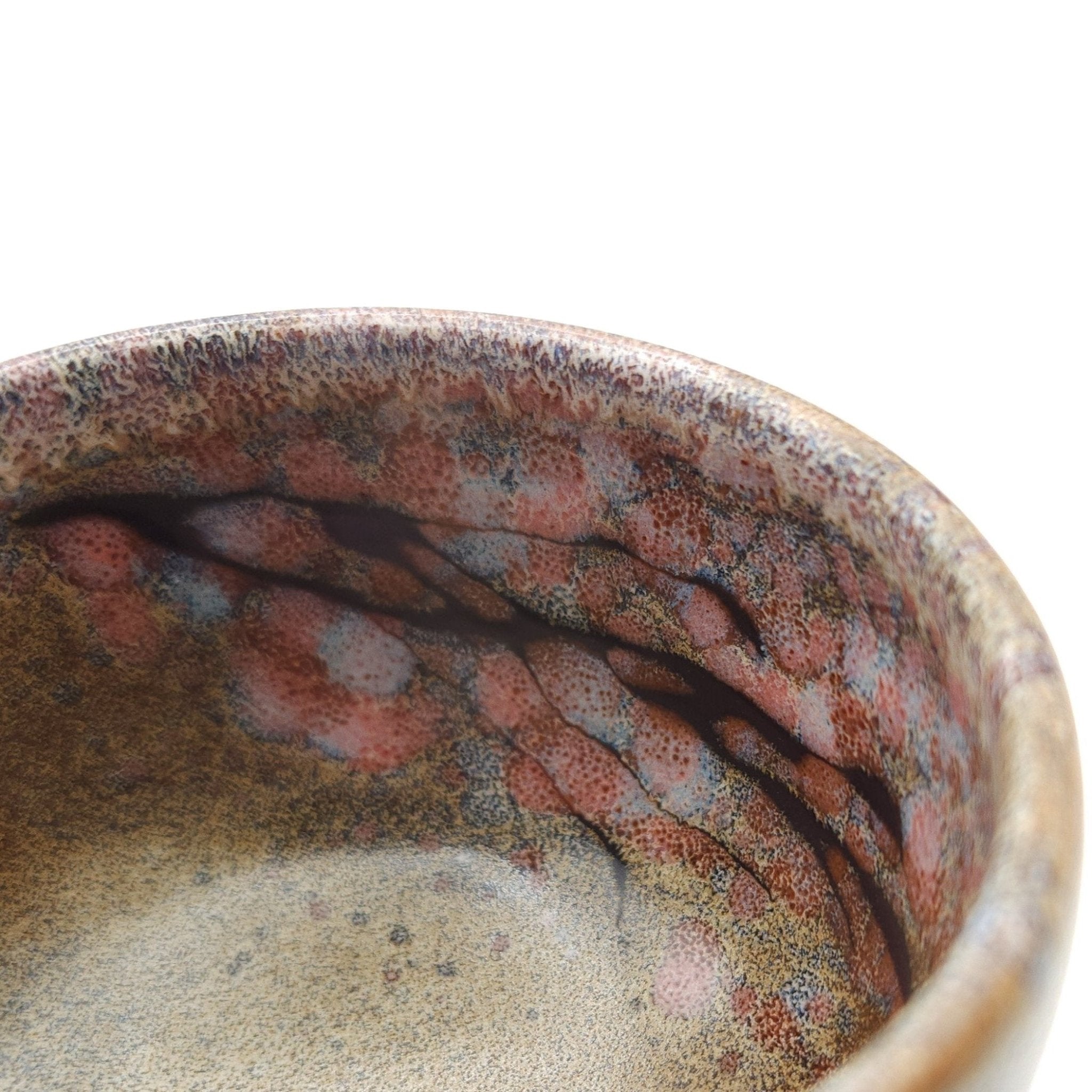 Authentic Japanese pottery teacup with cherry blossoms decoration. pick and beige color.  (Top detail view 1).