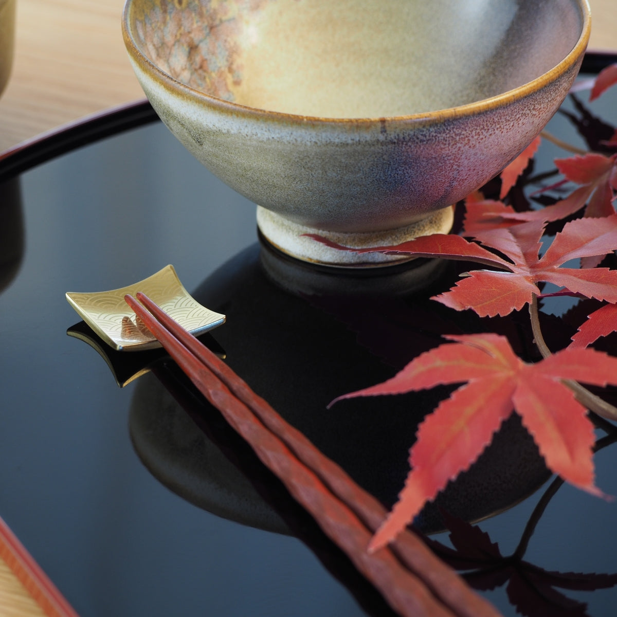 Hashioki Gold Japanese Chopstick Rest and Sakura Cherry blossoms Rice Bowl, Tsukushi