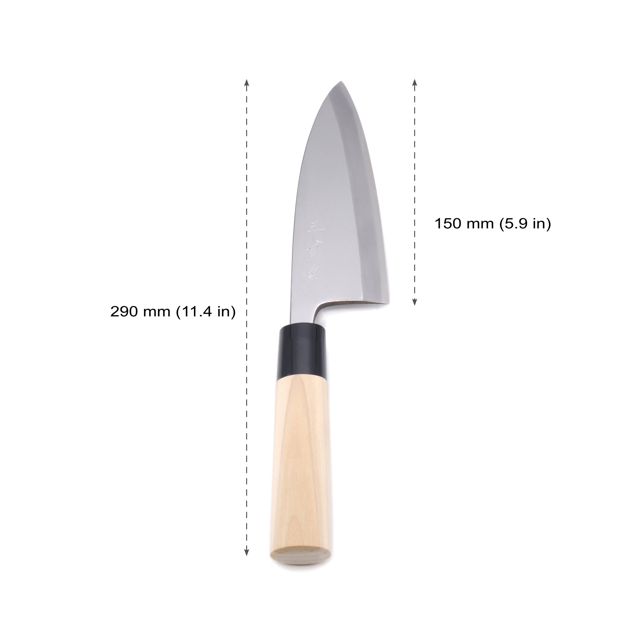 Front view of a 150mm Deba Japanese Knife. Measures. Tsukushi
