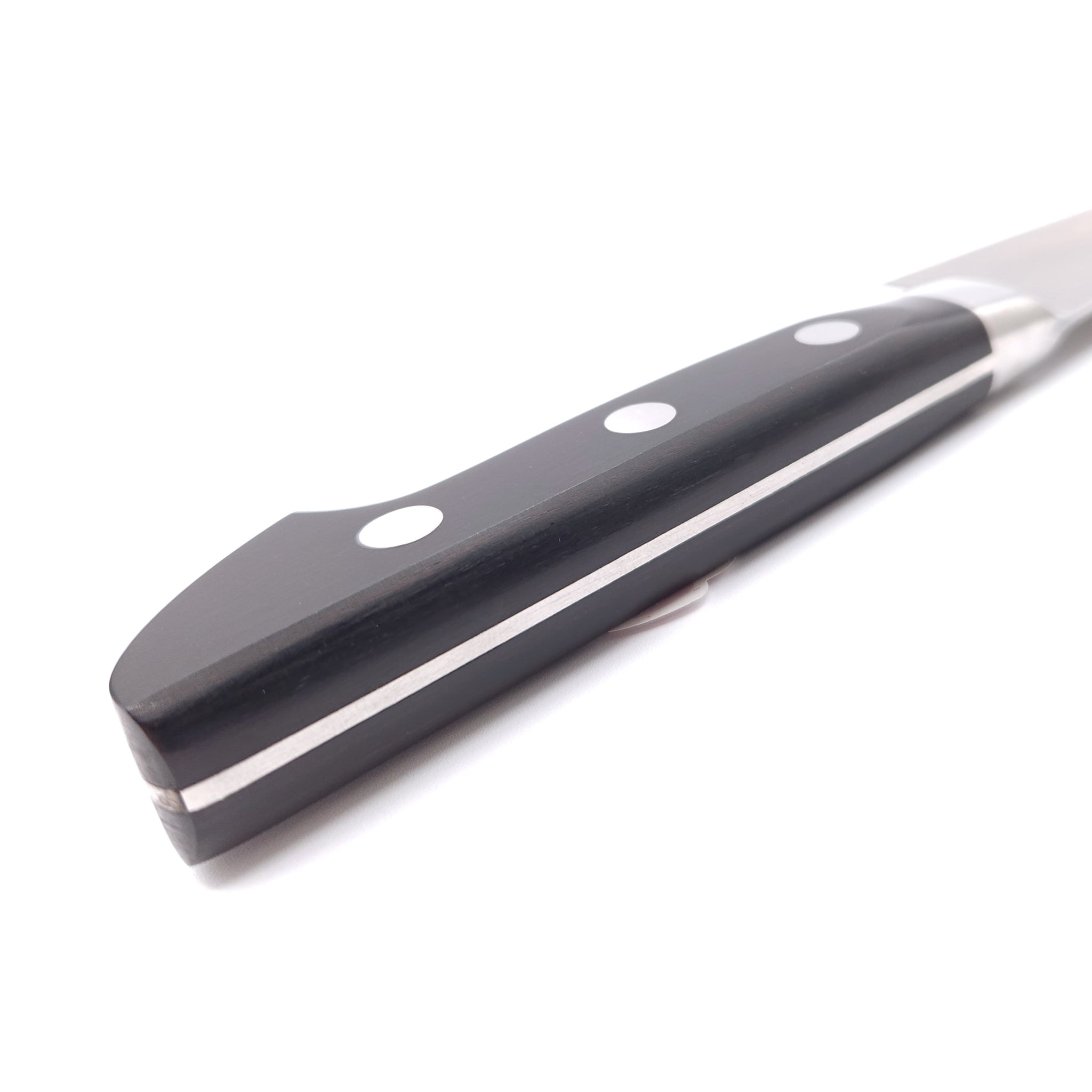 Handle detail of a Japanese Gyuto knife Crafted in Sk Carbon from Minamoto Mitsukane cutlery,180mm.