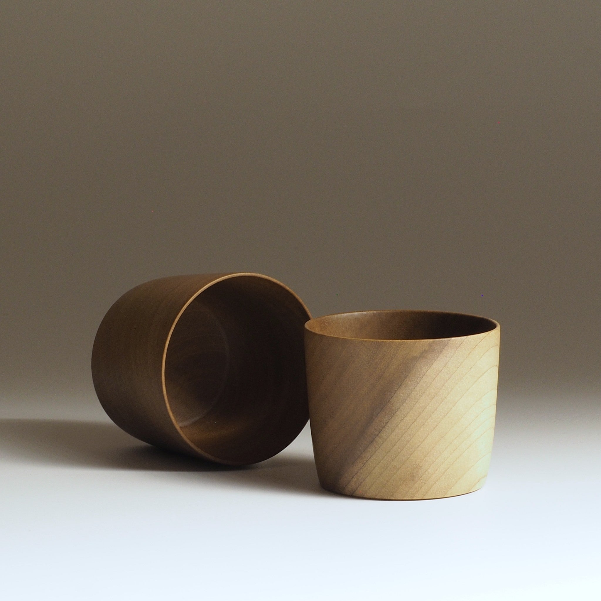 Japanese Cucumber Tree Japanese Wooden Sake cups beige background from side, Tsukushi