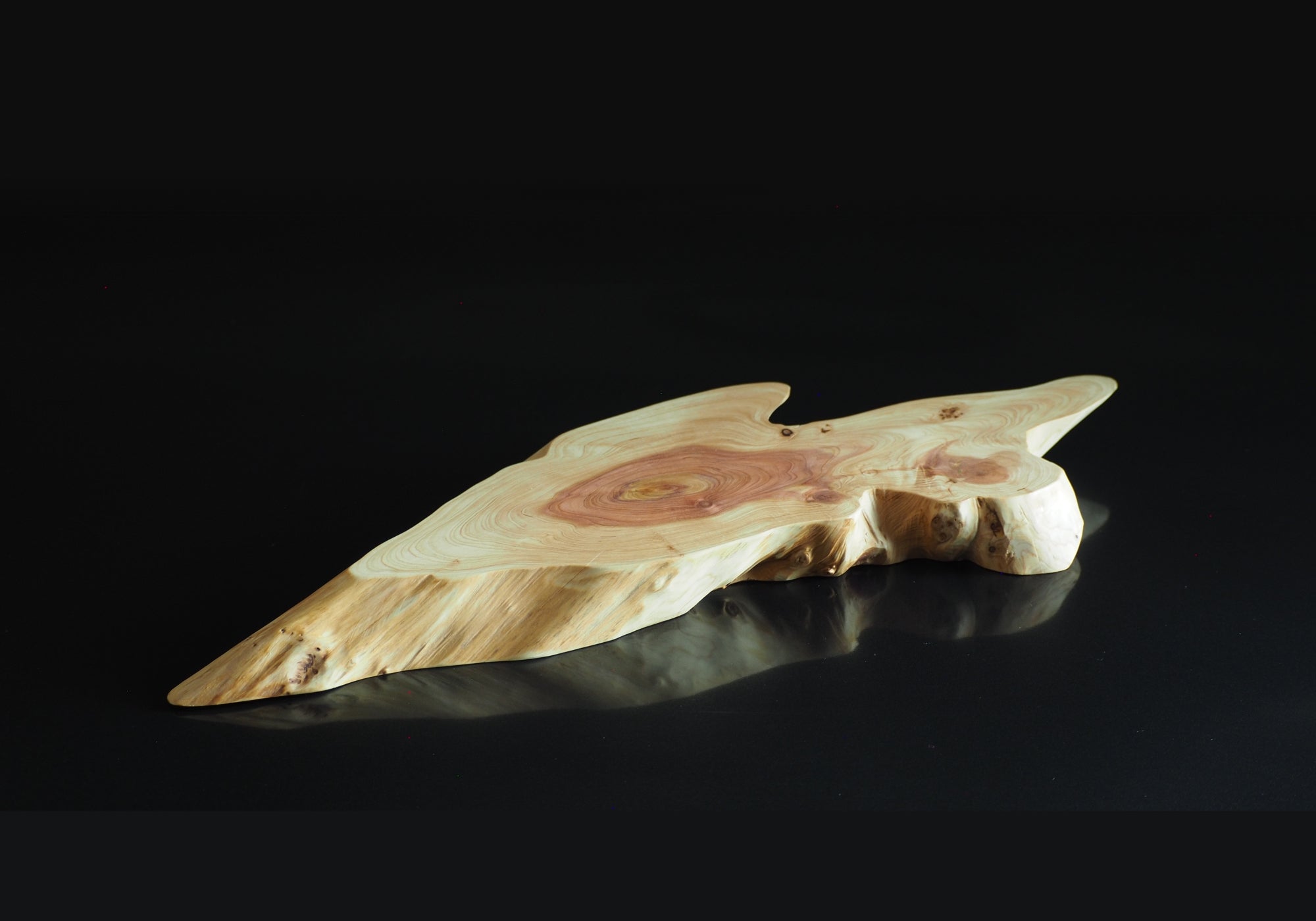 Japanese wooden sushi tray on a black reflective surface. Tsukushi