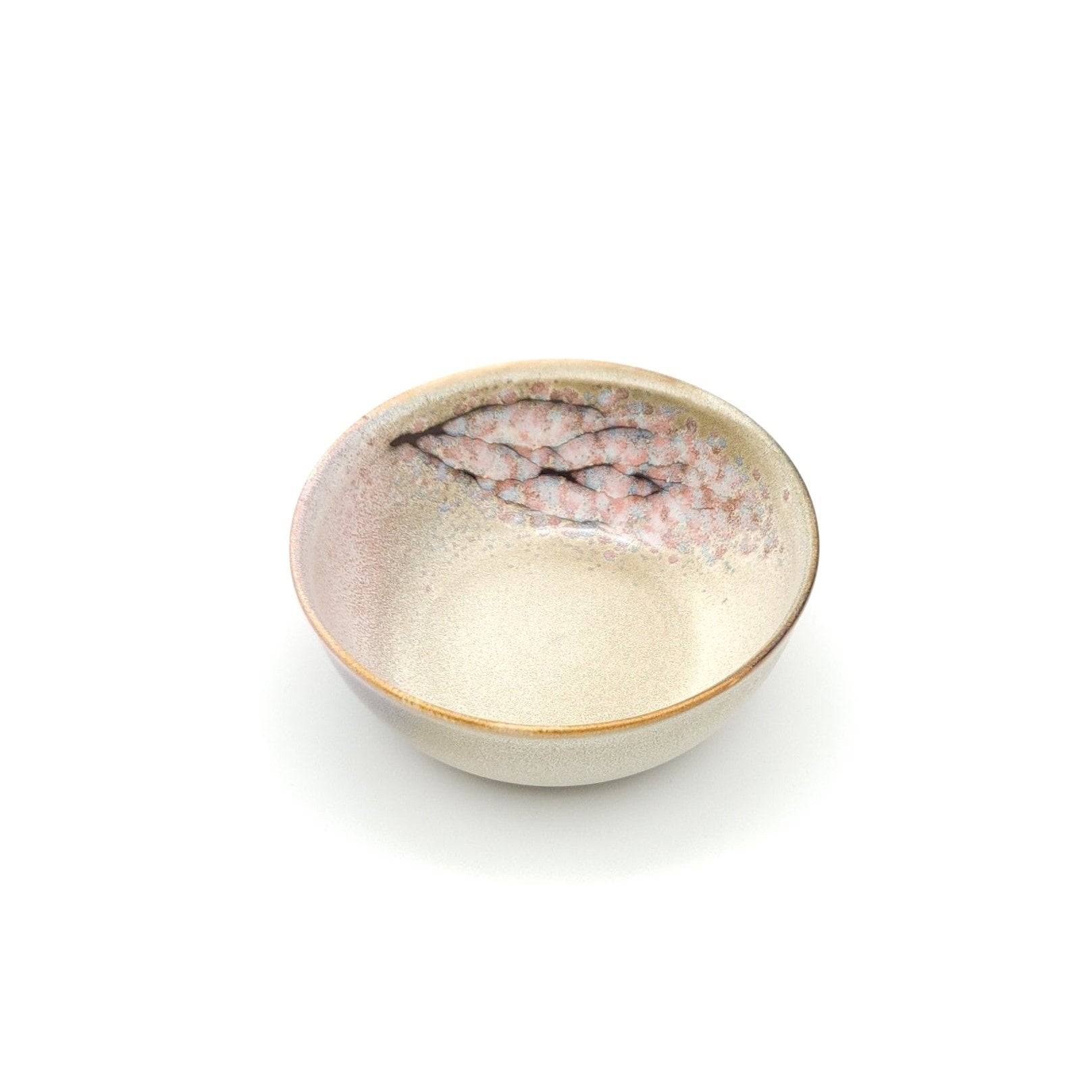 Authentic Japanese pottery salad bowl with cherry blossoms decoration. Pink and beige color. (side view 1).