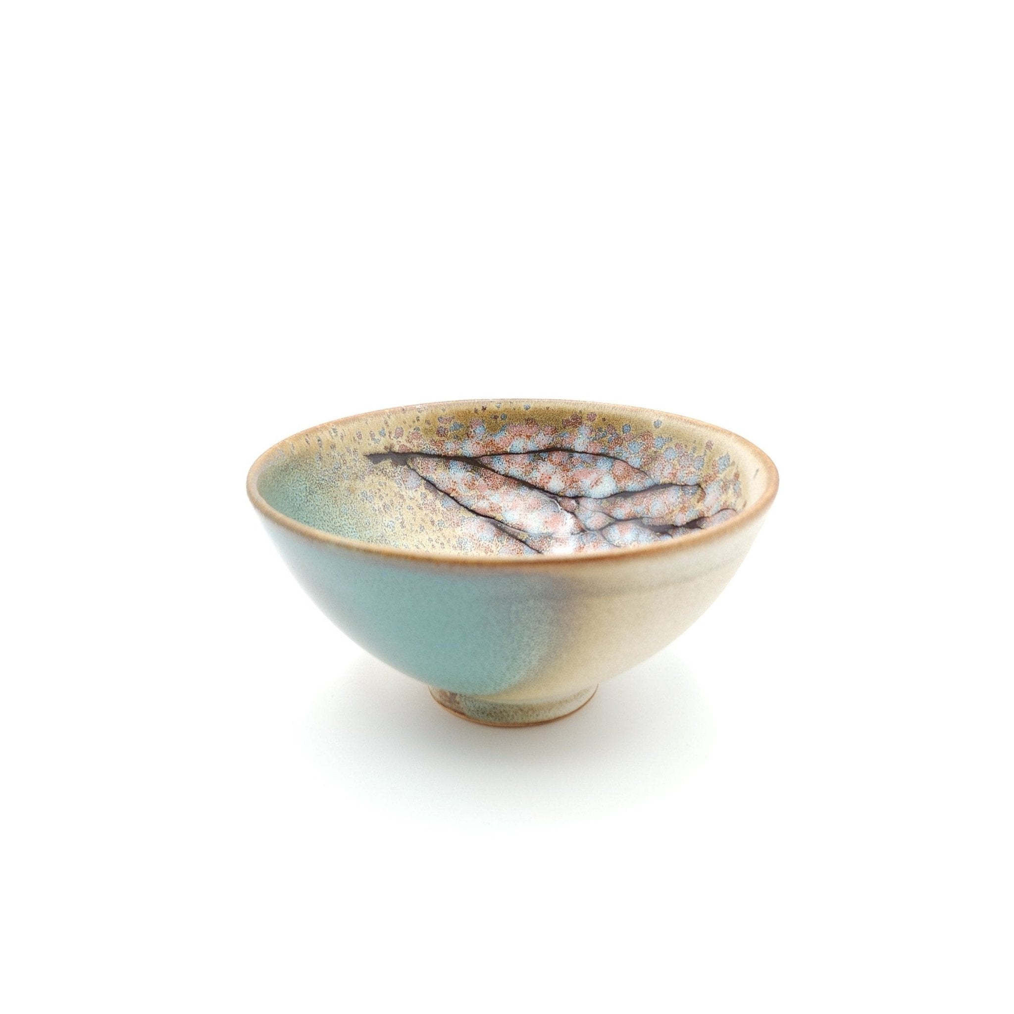 Authentic Japanese pottery bowl with cherry blossoms decoration. Green and beige color large. (side view 1)