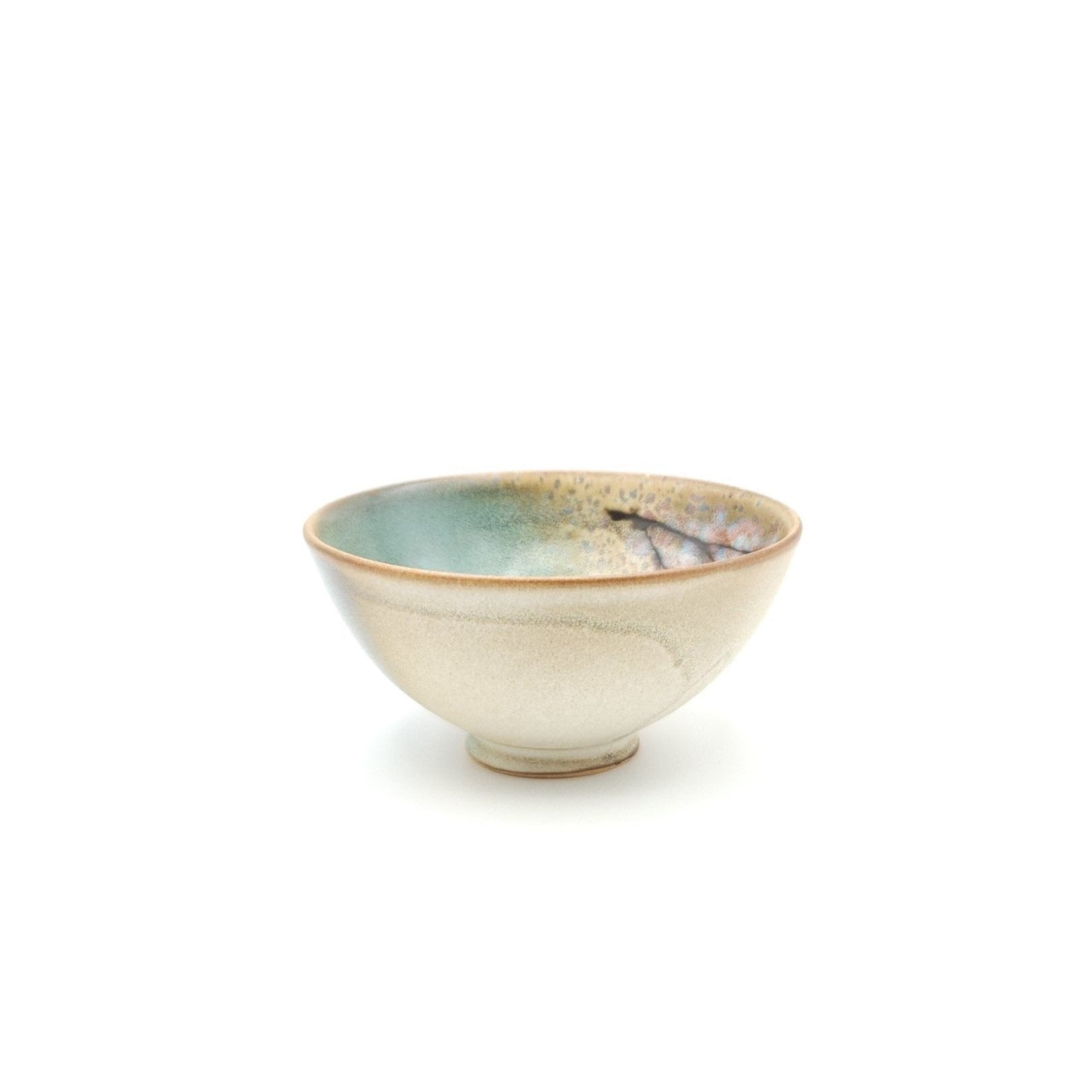 Authentic Japanese pottery bowl with cherry blossoms decoration. Green and beige color large. (side view 6)