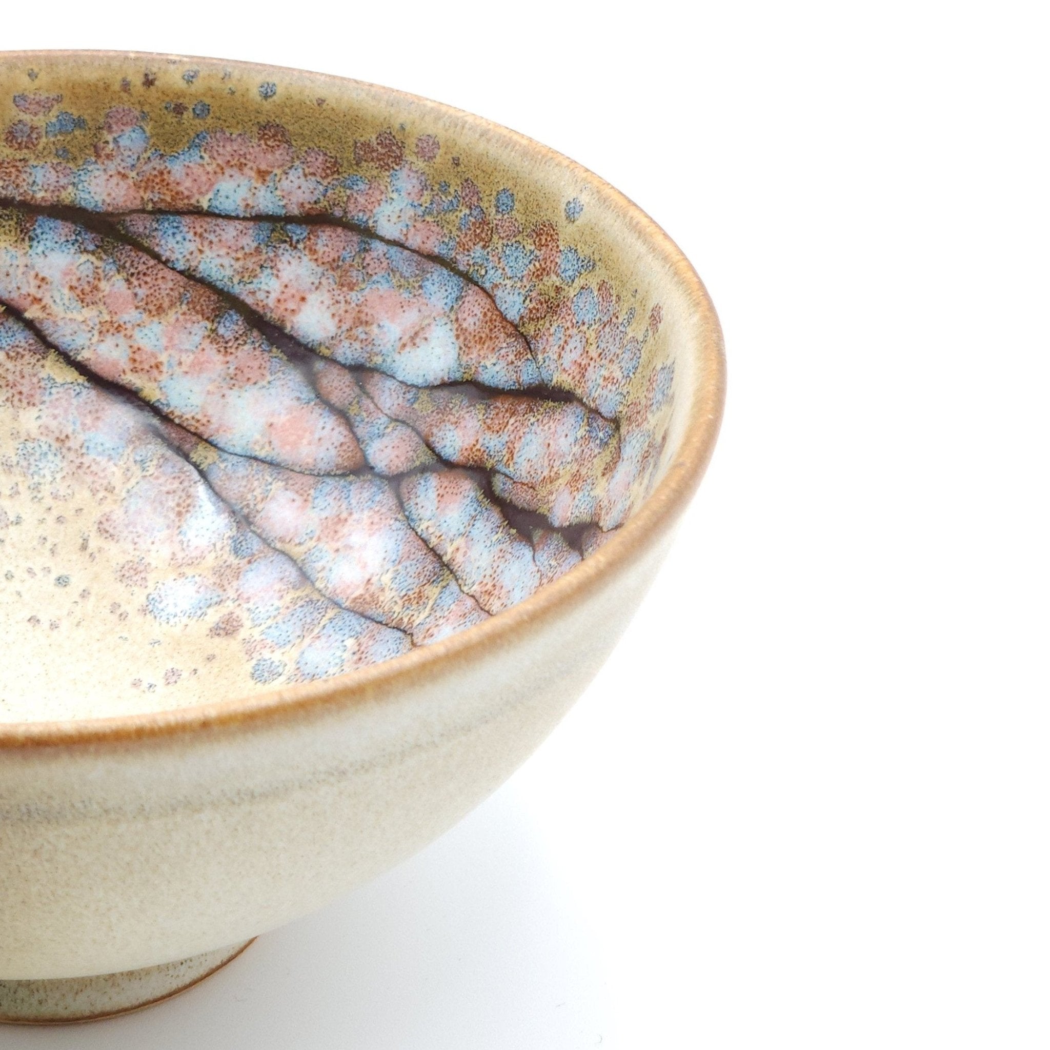 Authentic Japanese pottery bowl with cherry blossoms decoration. Green and beige color large. (side detail view 2)