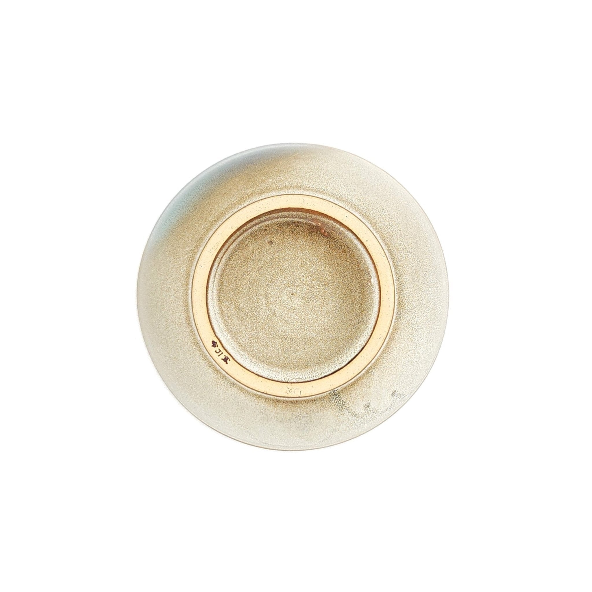 Authentic Japanese pottery salad bowl with cherry blossoms decoration. green and beige color. (bottom view 1).