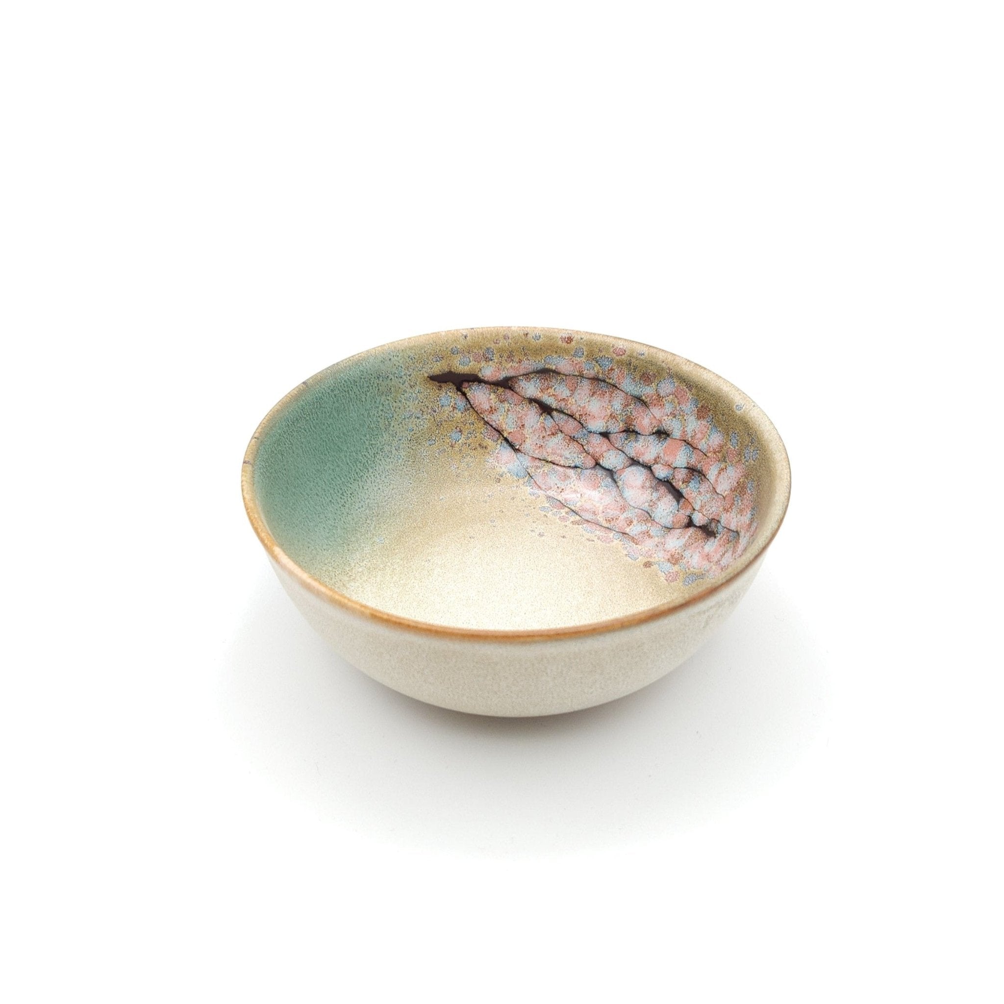 Authentic Japanese pottery salad bowl with cherry blossoms decoration. green and beige color. (side view 4).