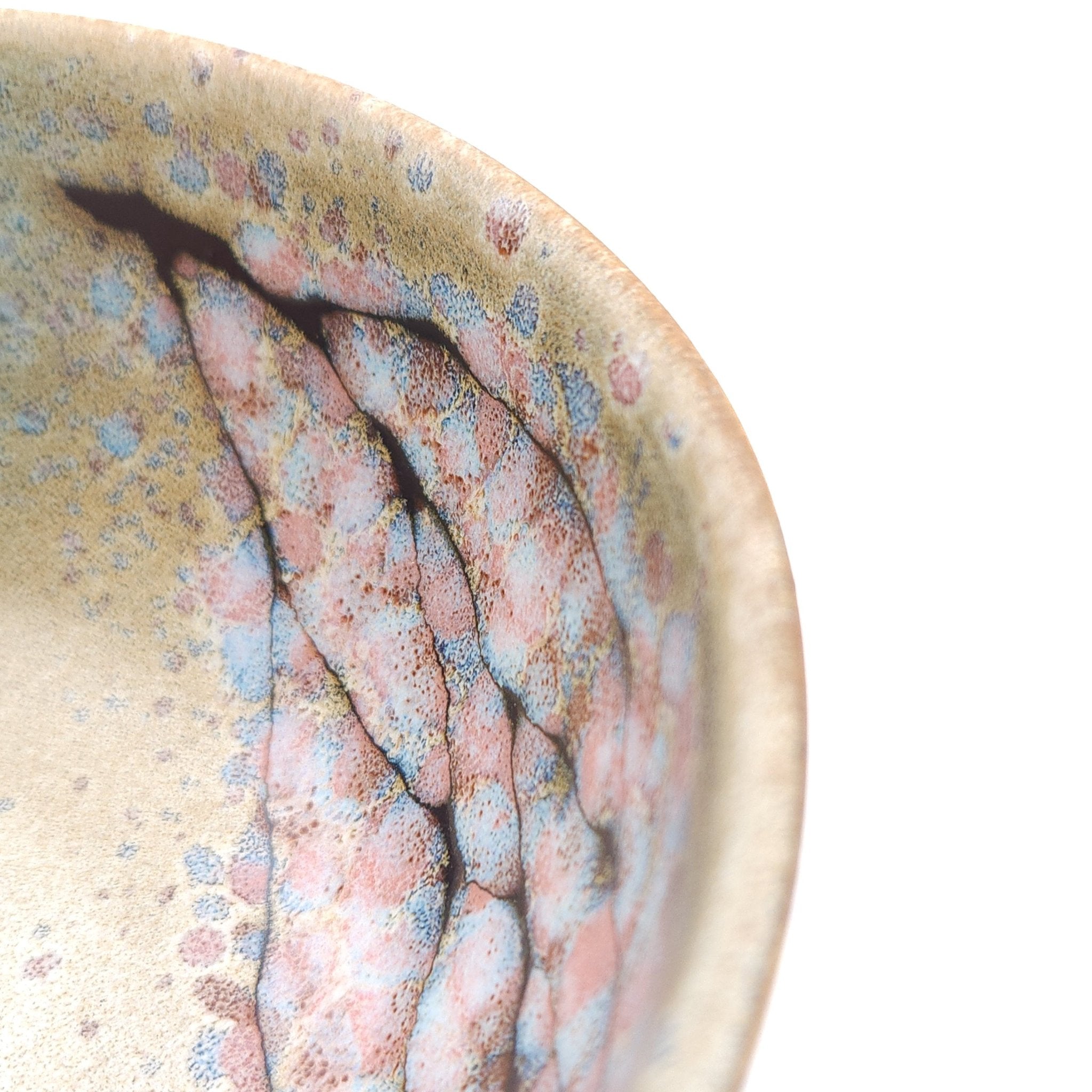 Authentic Japanese pottery salad bowl with cherry blossoms decoration. green and beige color. (top detail view 1).