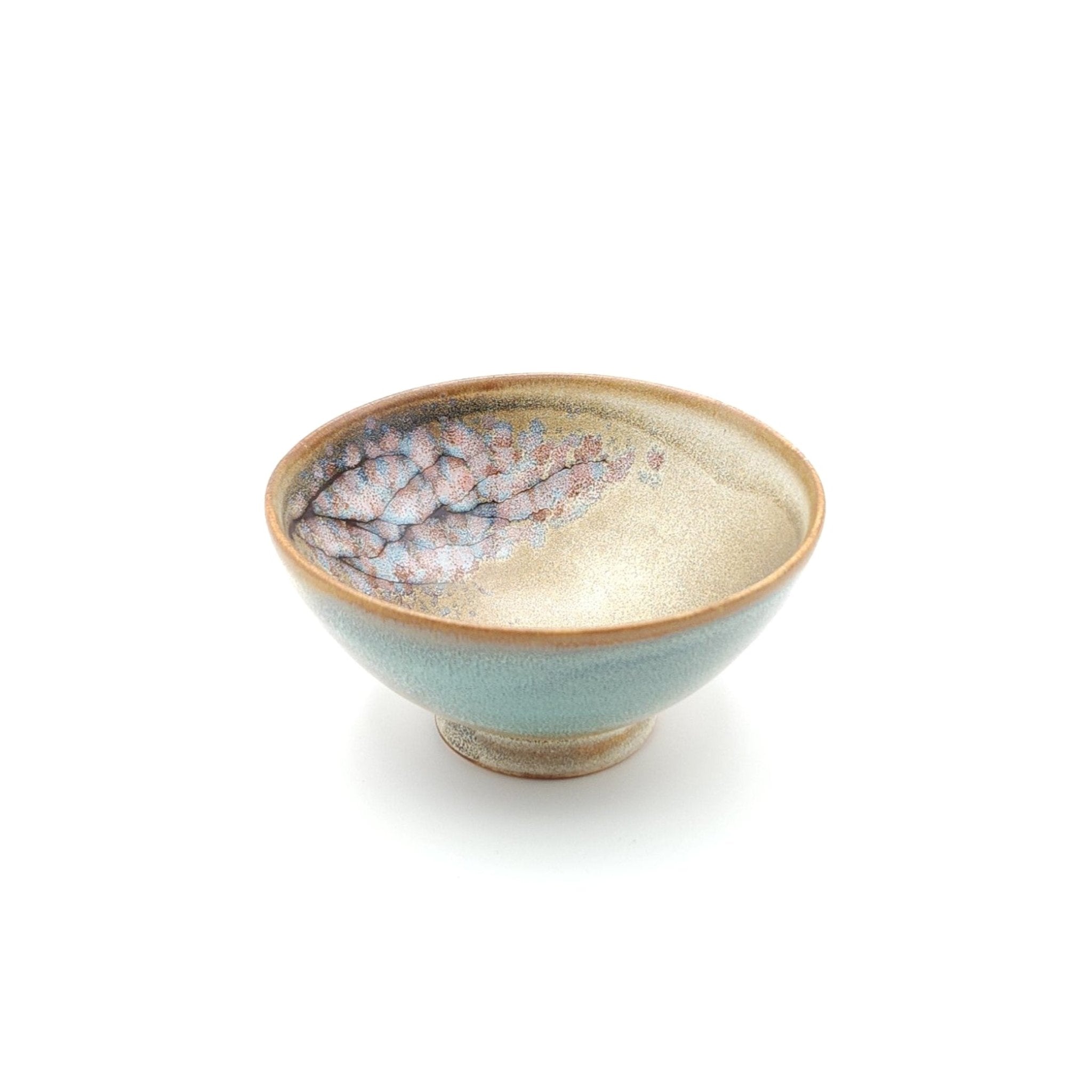 Authentic Japanese pottery bowl with cherry blossoms decoration. Green and beige color. (side view 6).