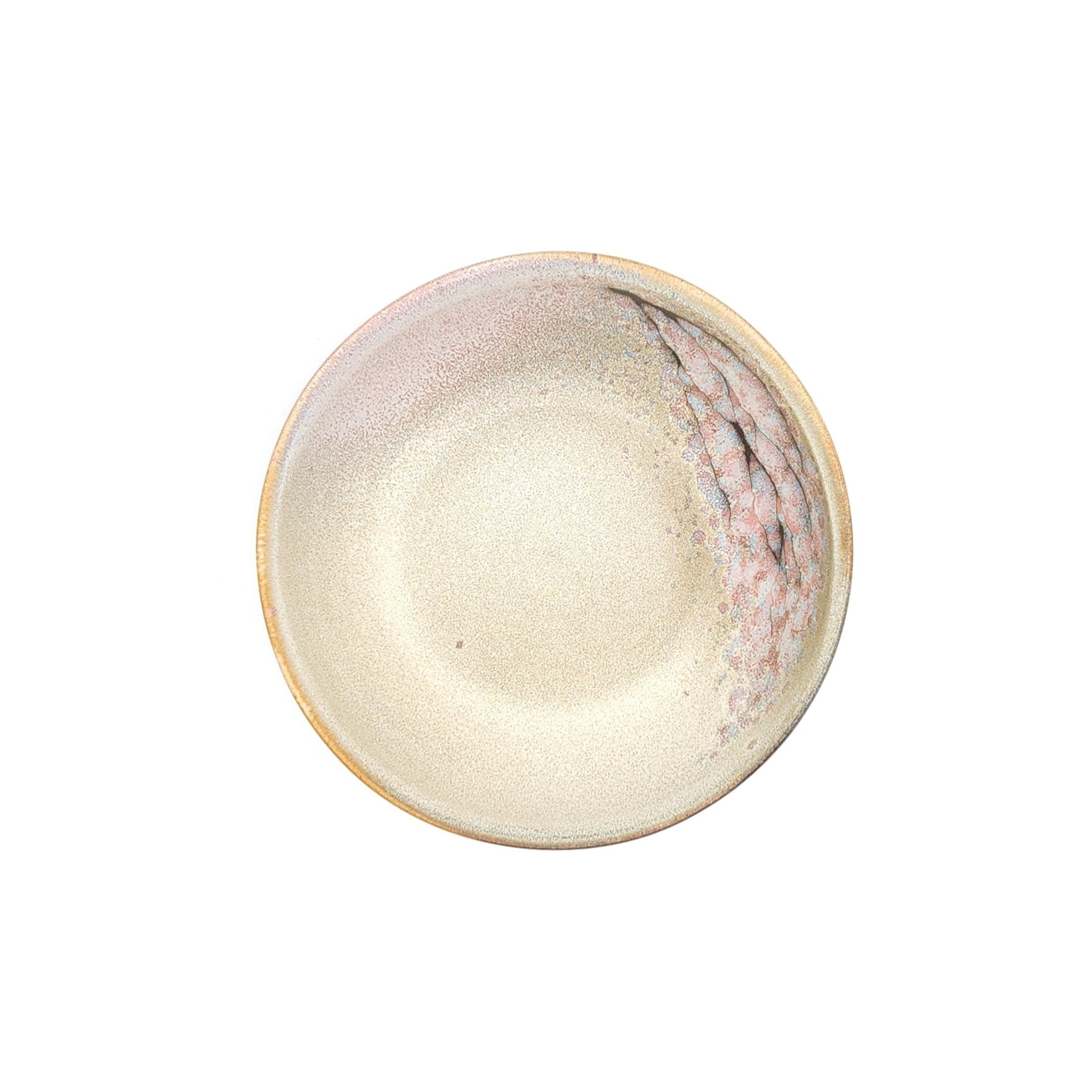 Authentic Japanese pottery salad bowl with cherry blossoms decoration. green and beige color. (top view 1).