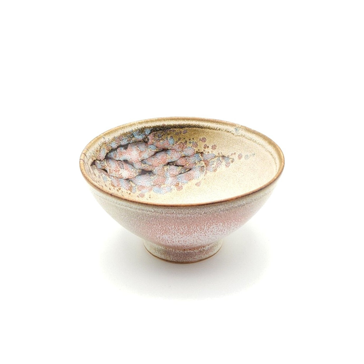 Authentic Japanese pottery bowl with cherry blossoms decoration. Pink and beige color. (side view 2).