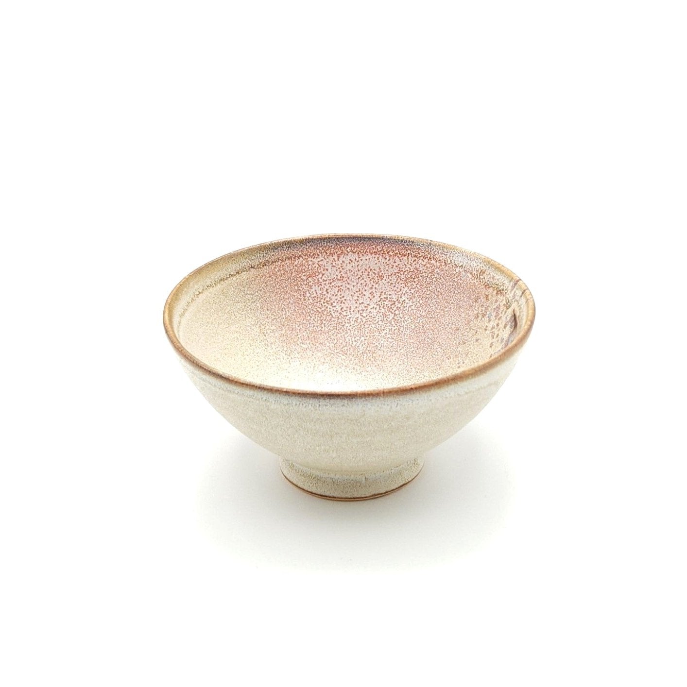 Authentic Japanese pottery bowl with cherry blossoms decoration. Pink and beige color. (side view 5).