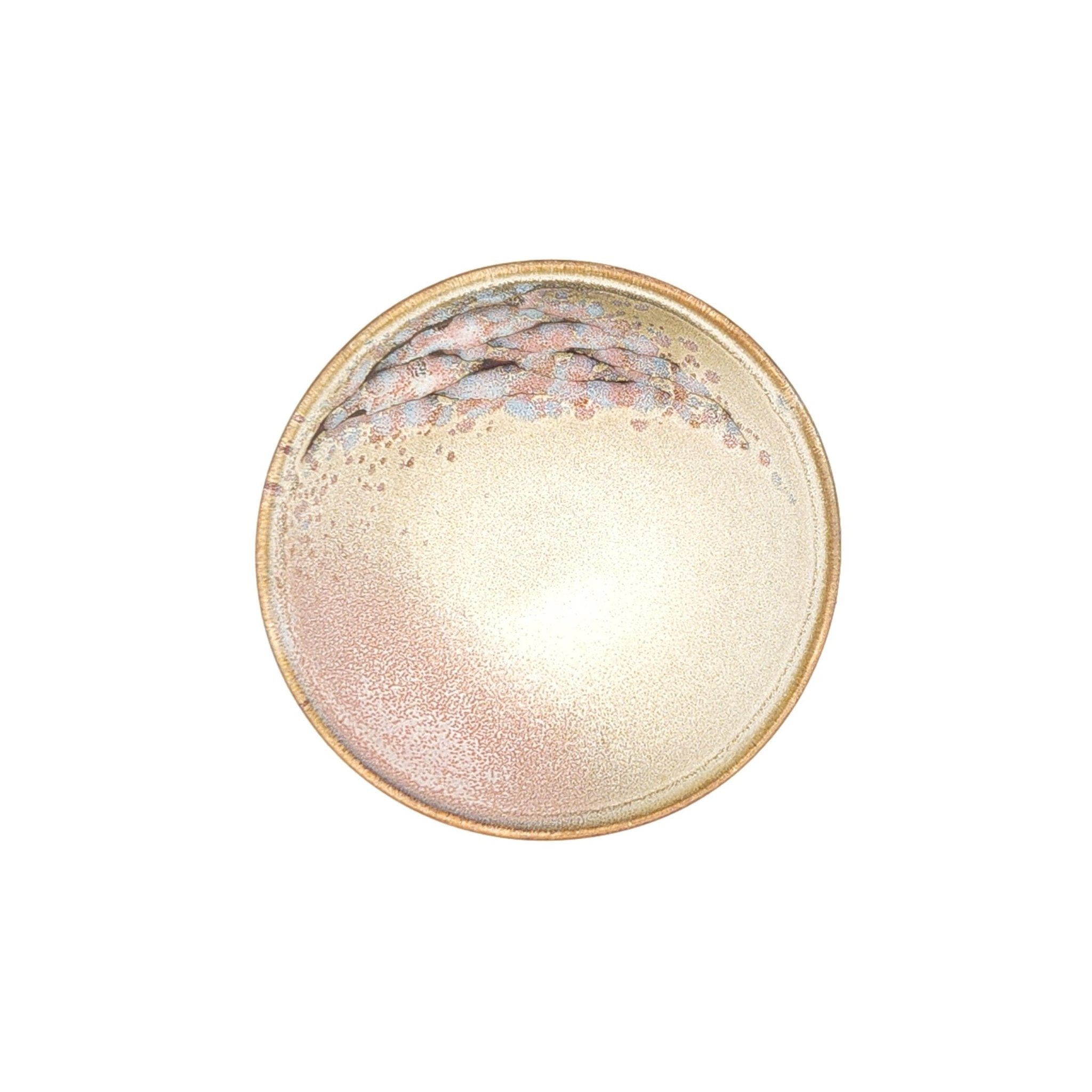 Authentic Japanese pottery bowl with cherry blossoms decoration. Pink and beige color. (top view 1).