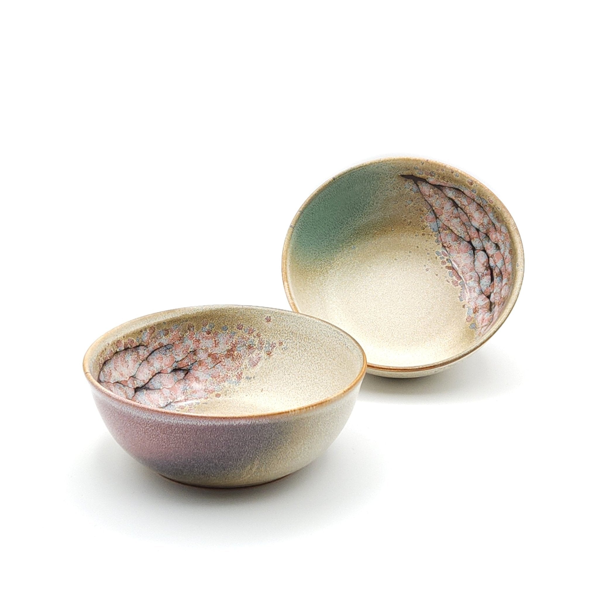 Authentic Japanese pottery salad bowl with cherry blossoms decoration.  (pink and green pair view 4).