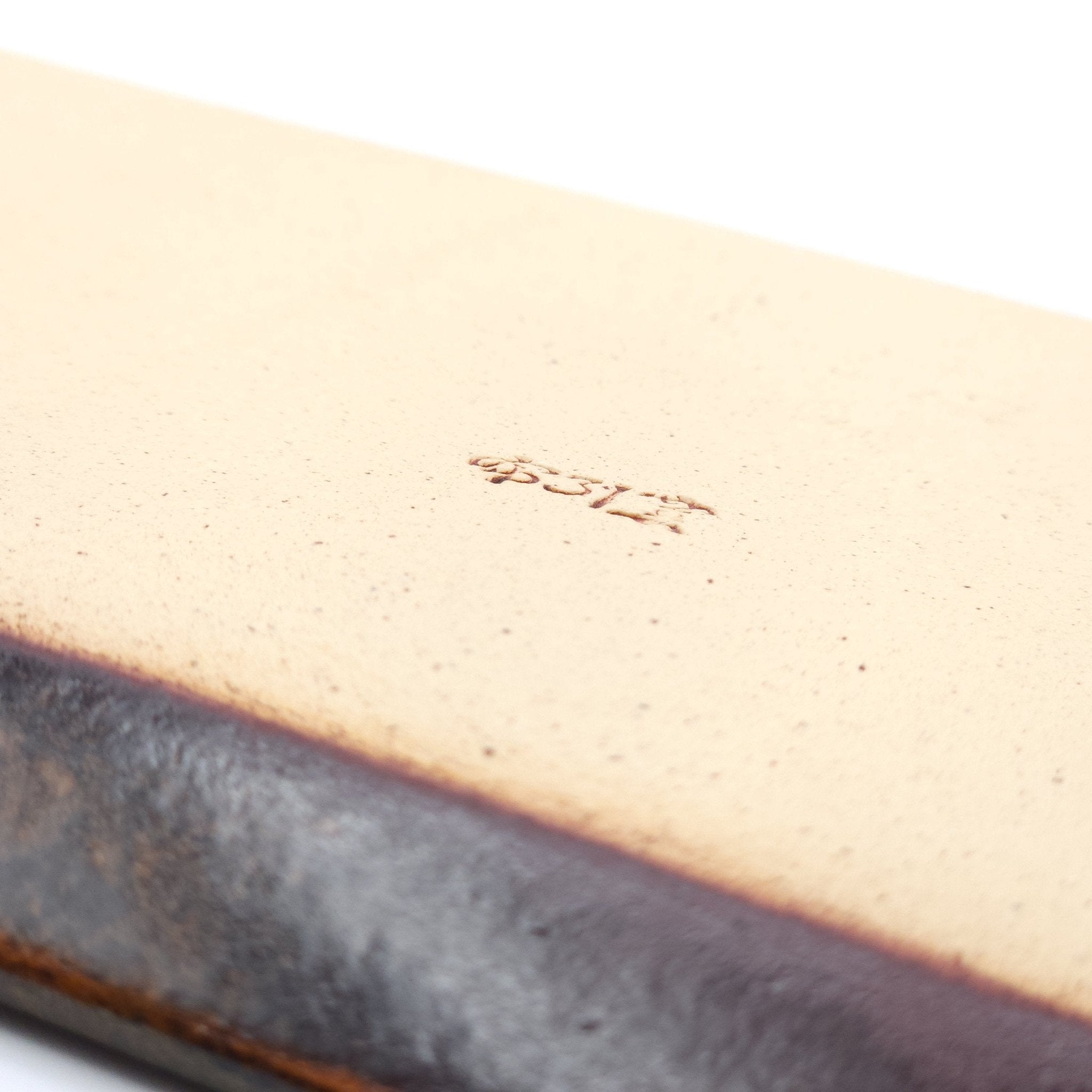 Authentic Japanese pottery rectangular plate with Mt.Fuji decoration. red and brown color. (bottom detail view 1).