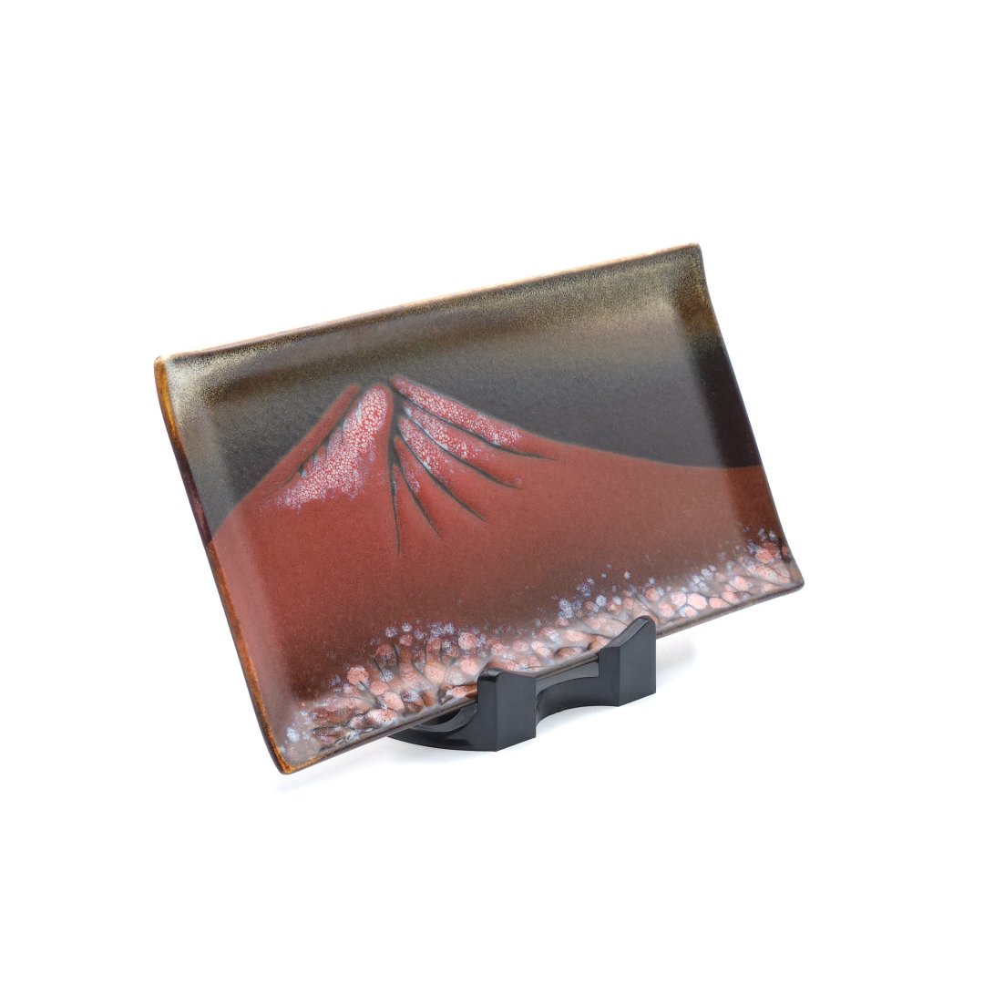 Authentic Japanese pottery rectangular plate with Mt.Fuji decoration. red and brown color. (front side view 1).