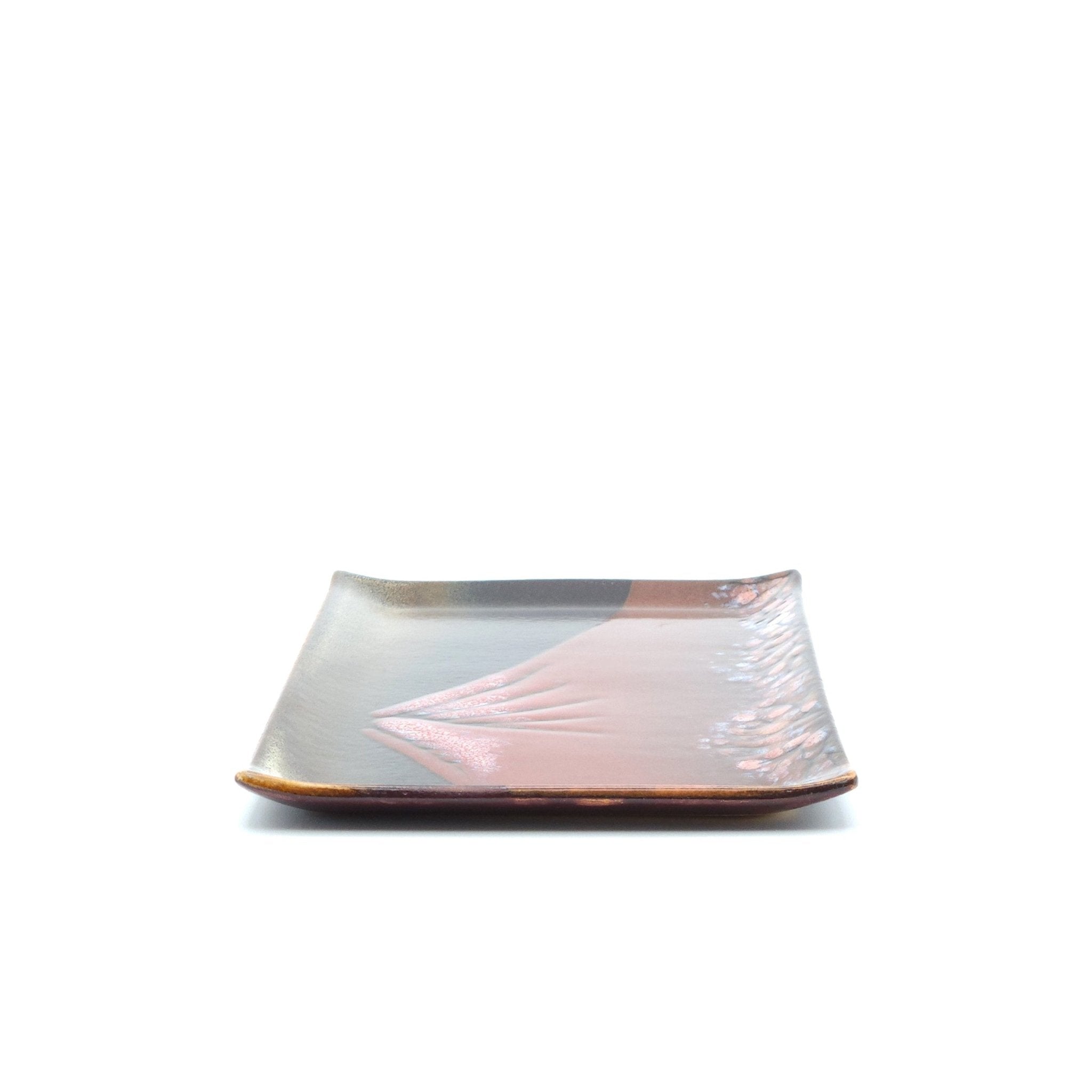 Authentic Japanese pottery rectangular plate with Mt.Fuji decoration. red and brown color. (side view 1).