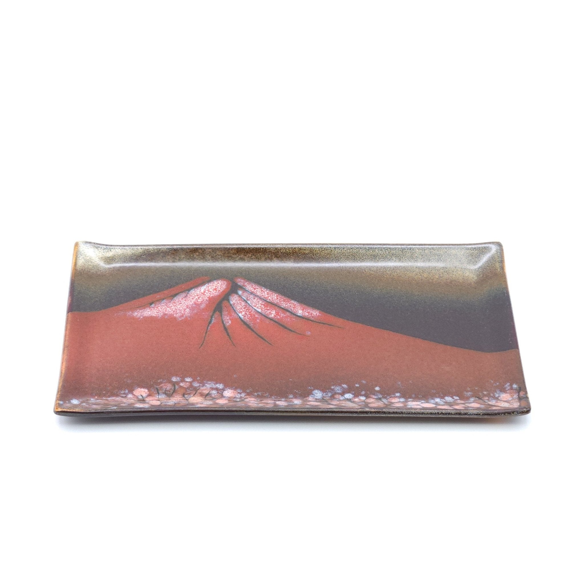 Authentic Japanese pottery rectangular plate with Mt.Fuji decoration. red and brown color. (top view 1).