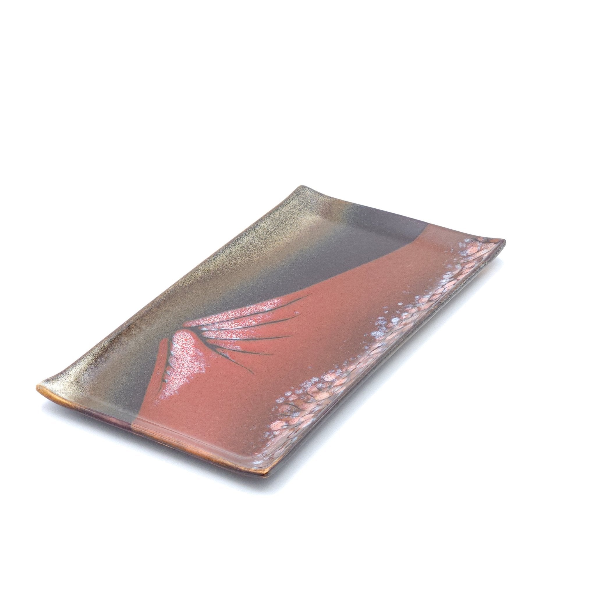 Authentic Japanese pottery rectangular plate with Mt.Fuji decoration. red and brown color. (top view 2).