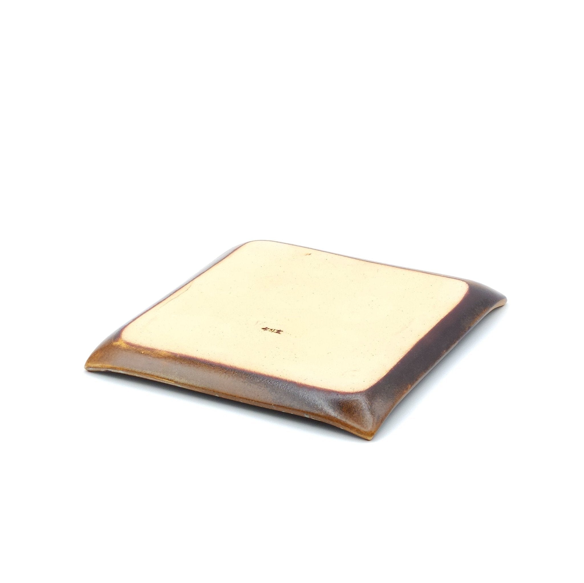 Authentic Japanese pottery square plate with Mt.Fuji decoration. red and brown color.(bottom view 1).