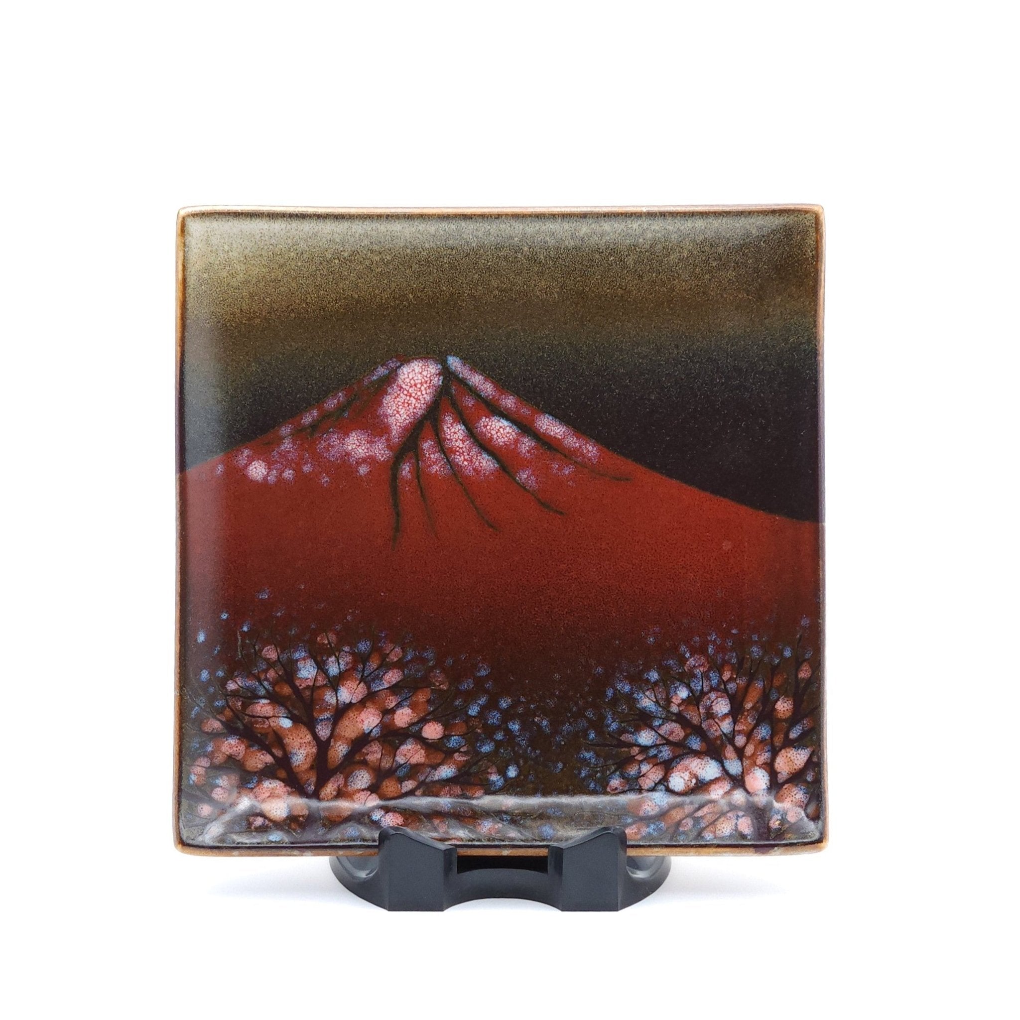 Authentic Japanese pottery square plate with Mt.Fuji decoration. red and brown color. (front side view 2).