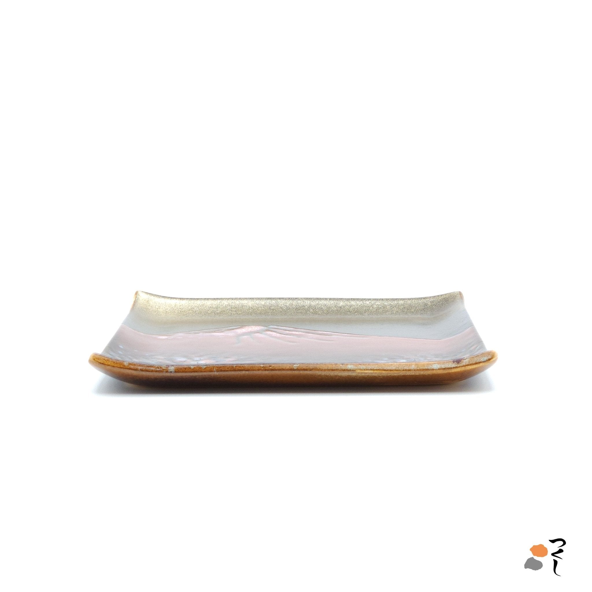 Authentic Japanese pottery square plate with Mt.Fuji decoration. red and brown color. (side view 2).