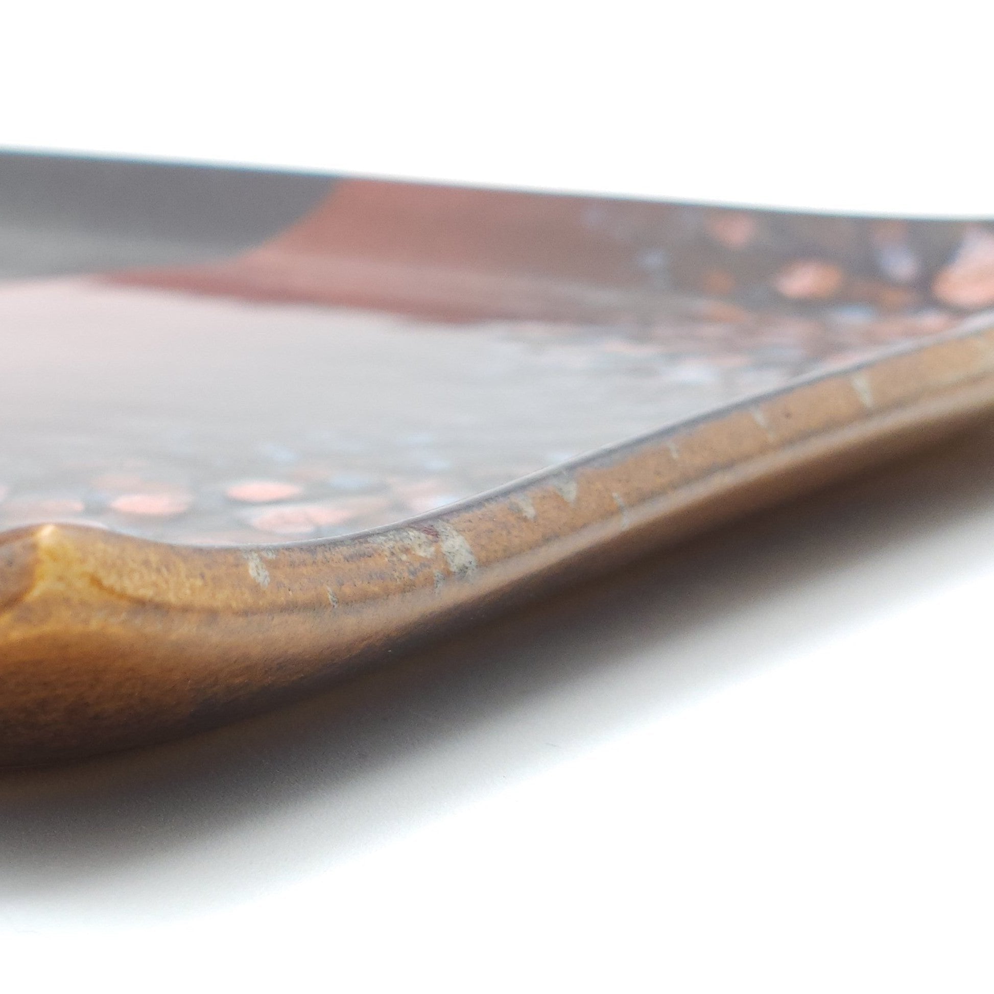 Authentic Japanese pottery square plate with Mt.Fuji decoration. red and brown color. (side detail view 2).