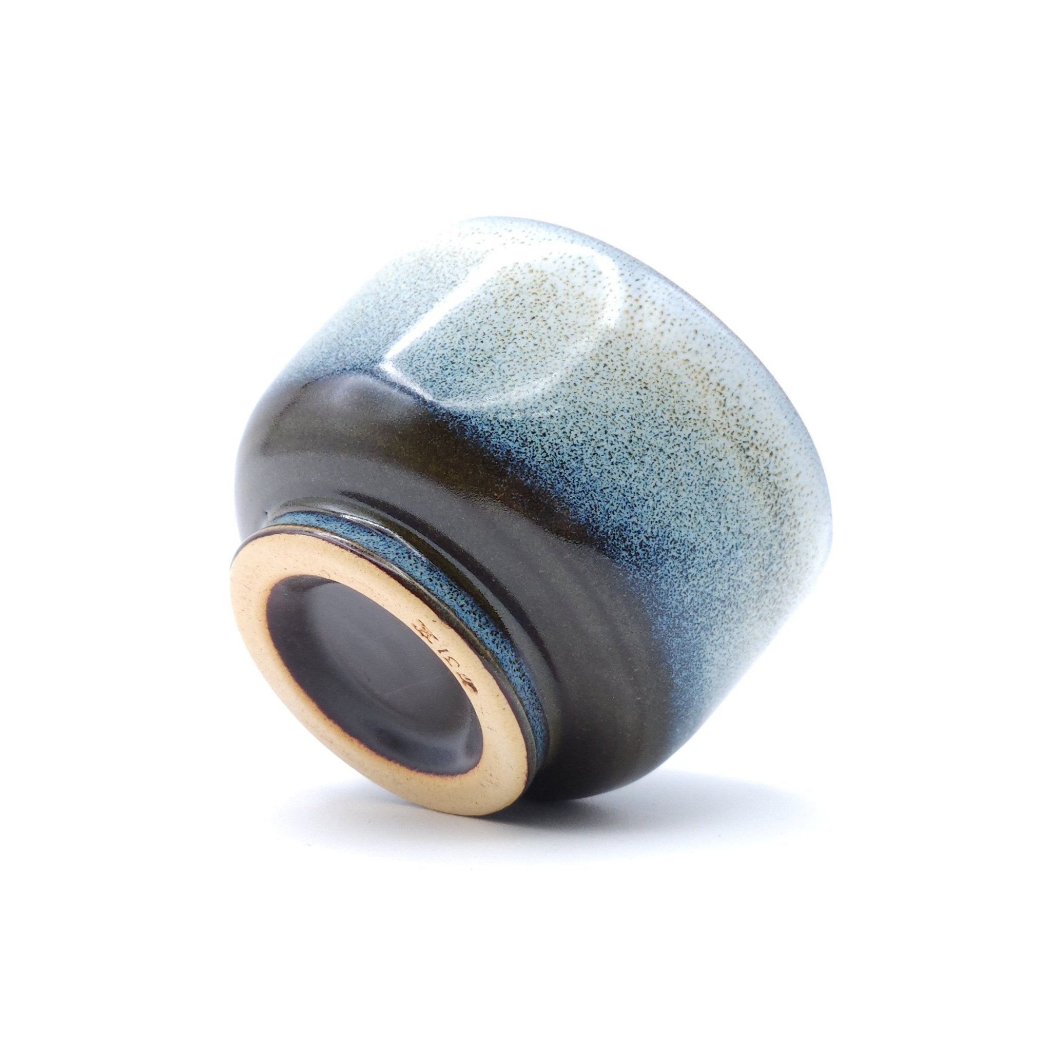 Blue Japanese Pottery Teacup, back side view.