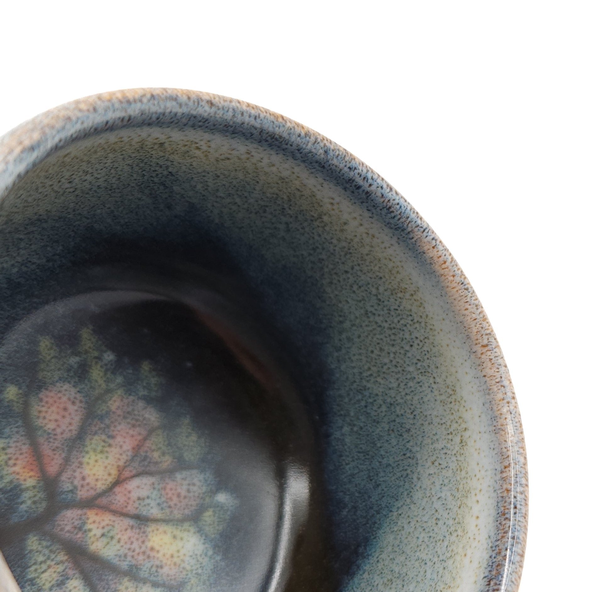 Authentic Japanese pottery teacup with tree decoration. blue and white color.(top detail view 2).
