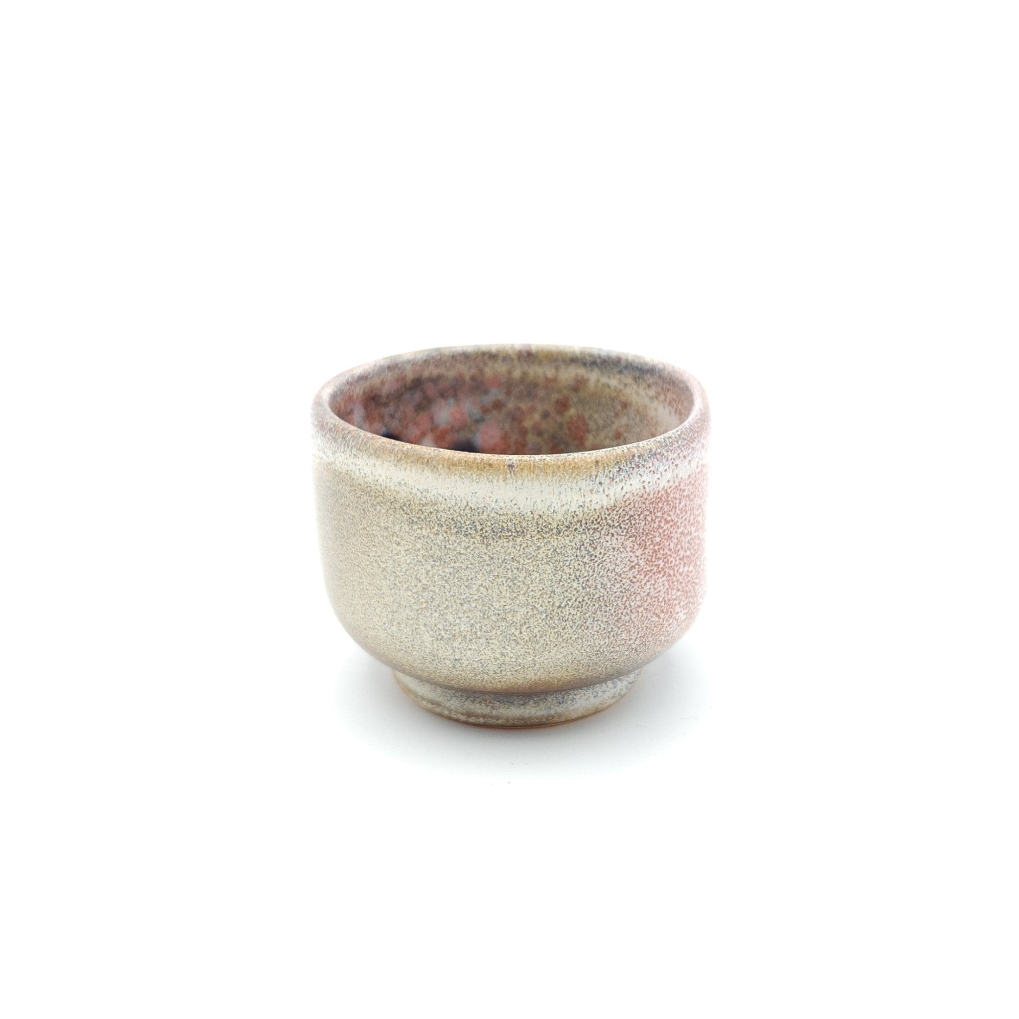 Authentic Japanese pottery teacup with cherry blossoms decoration. pick and beige color. (side view 4).