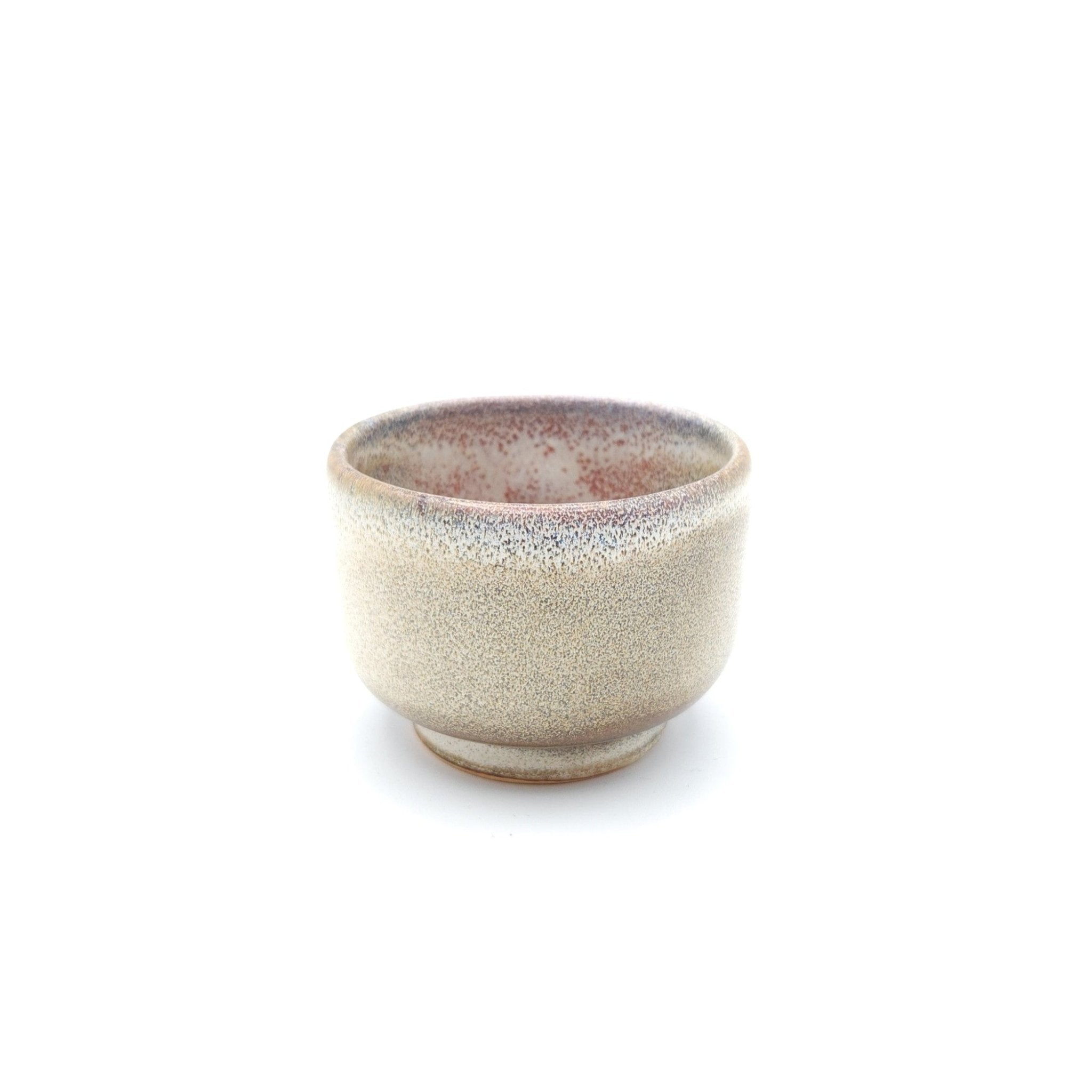 Authentic Japanese pottery teacup with cherry blossoms decoration. pick and beige color. (side view 5).