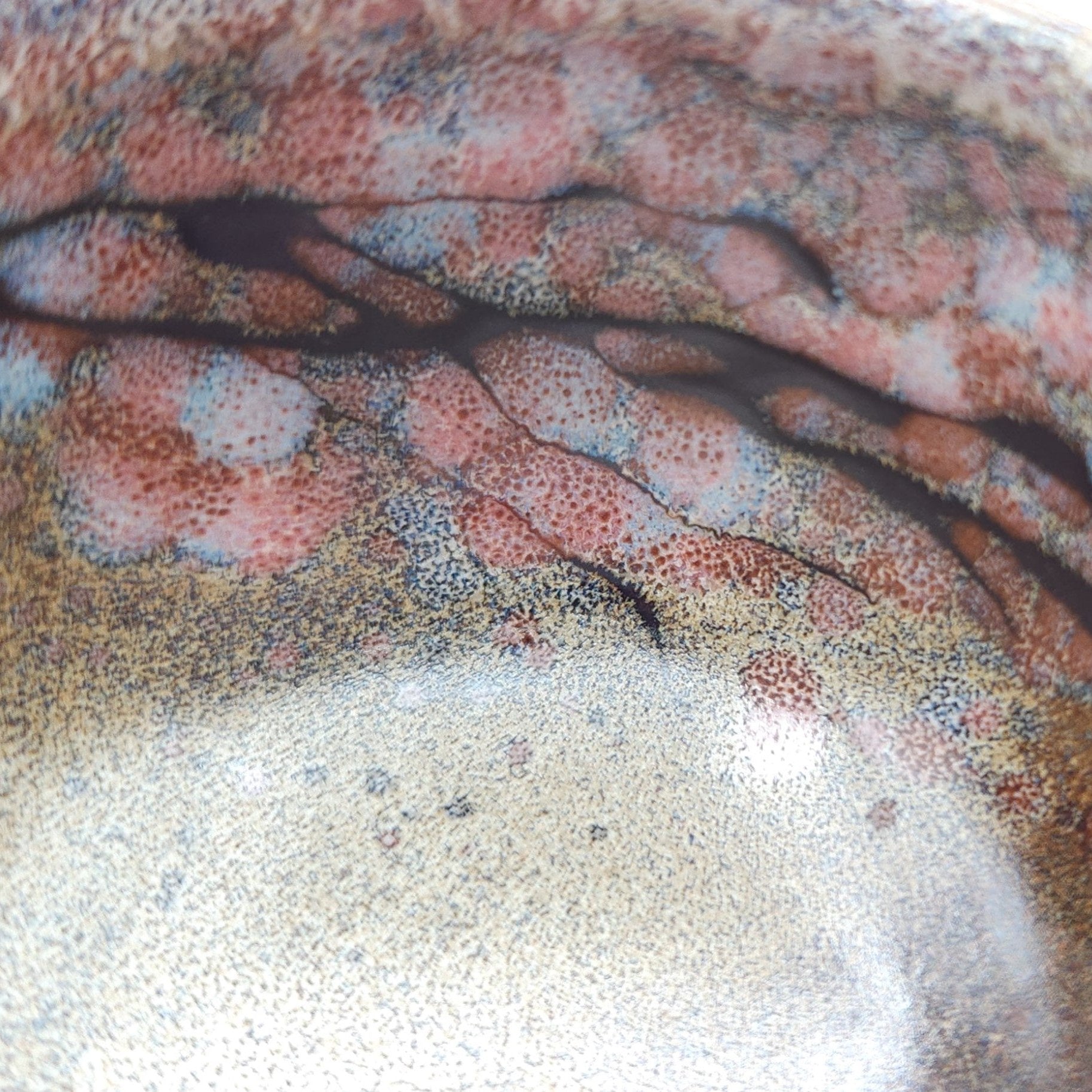 Authentic Japanese pottery teacup with cherry blossoms decoration. pick and beige color.  (top detail view 2).