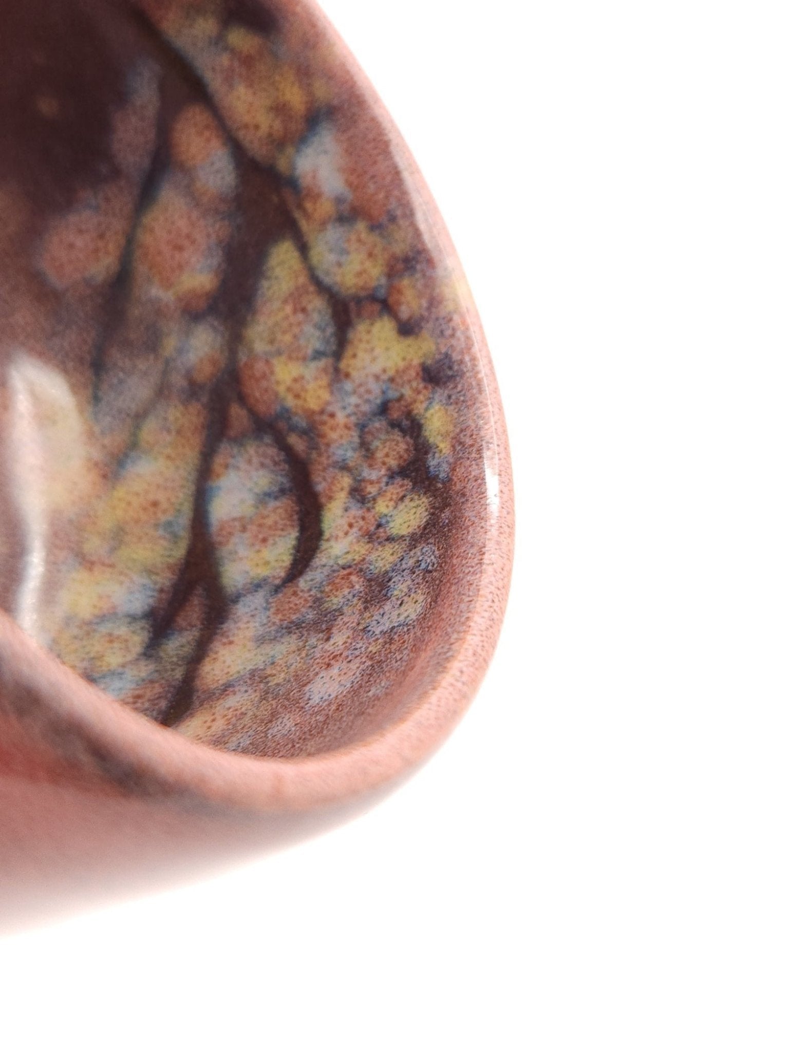 Authentic Japanese pottery teacup with tree pattern decoration. pink color. (top detail view 2).