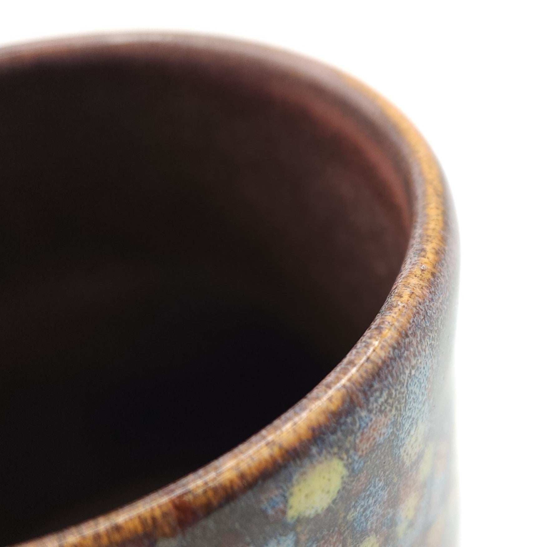 Authentic Japanese pottery teacup tall with tree pattern decoration. pink color. (top detail view 1).