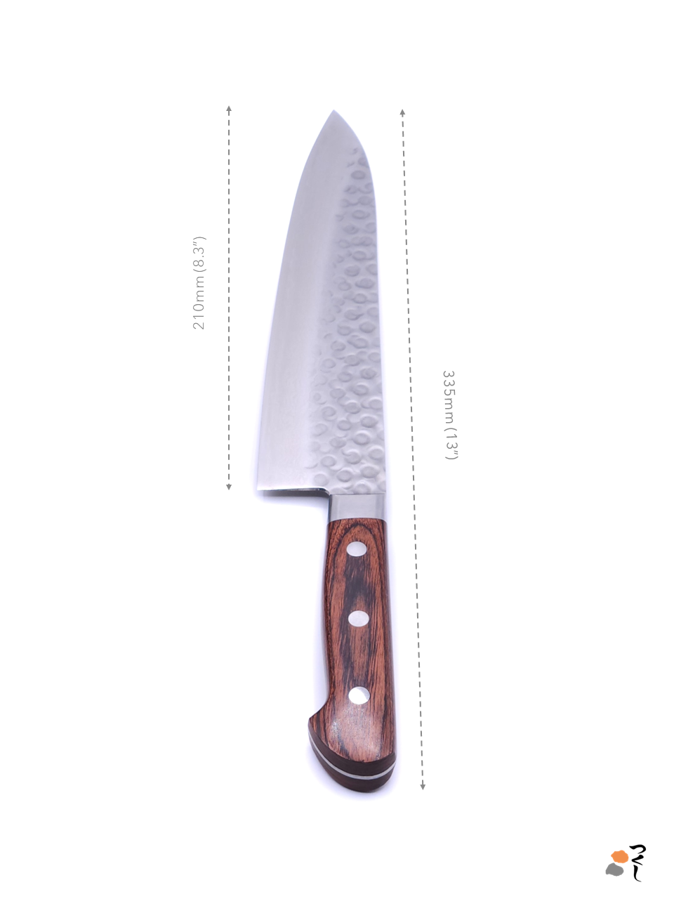 Japanese Gyuto knife made of Dp-gold from Masutani Cutlery with mahogany handle. Details of measures.