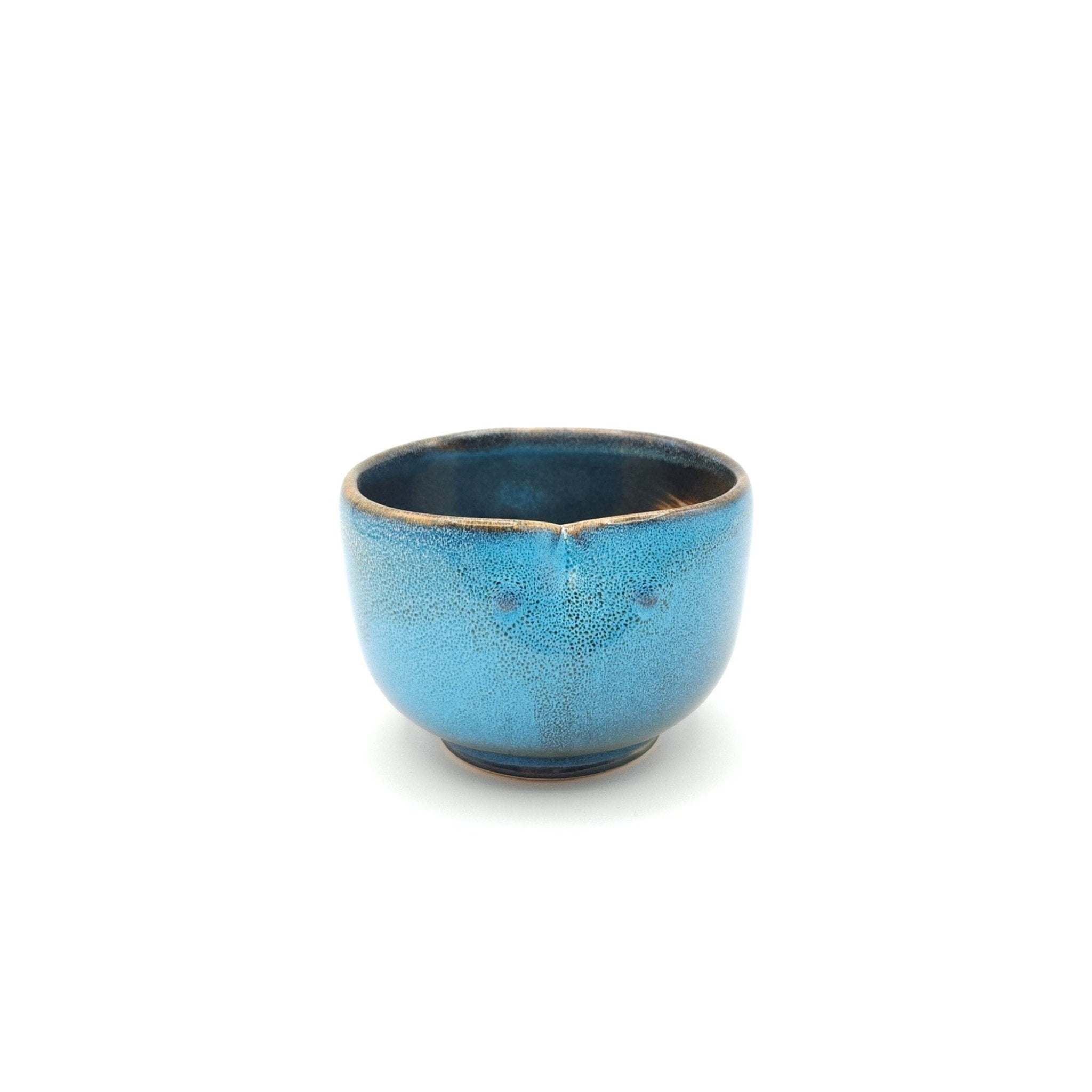 Back view of a Japanese blue Teacup made of pottery with an Owl motif.