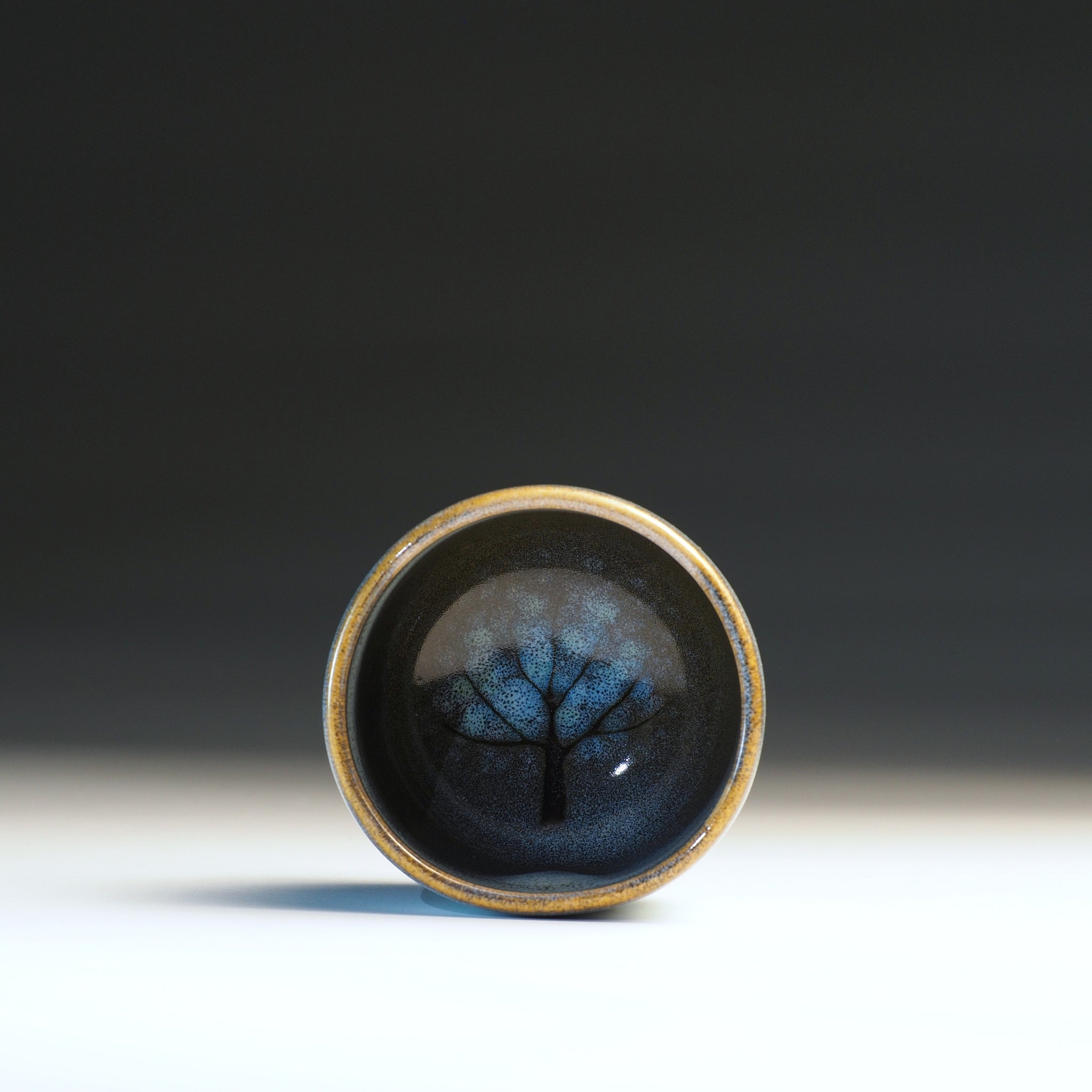 inside view of a ceramic yunomi with tree design on a gradient background