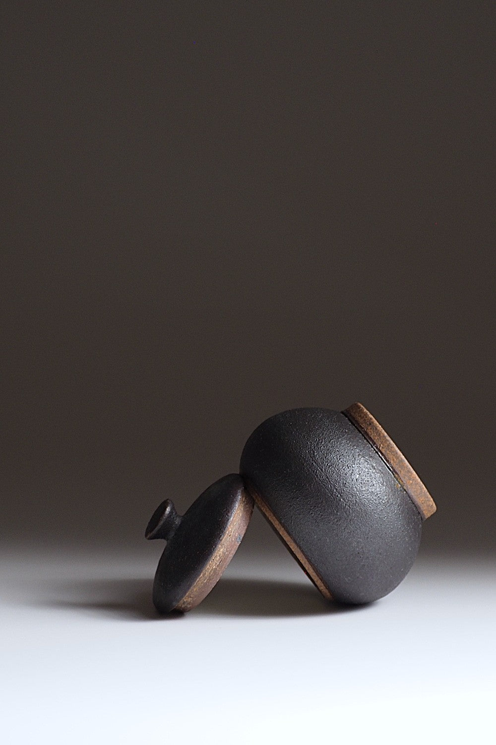 Artistic picture of a black chawanmushi bowl and lid in equilibrium on a faded background. Tsukushi