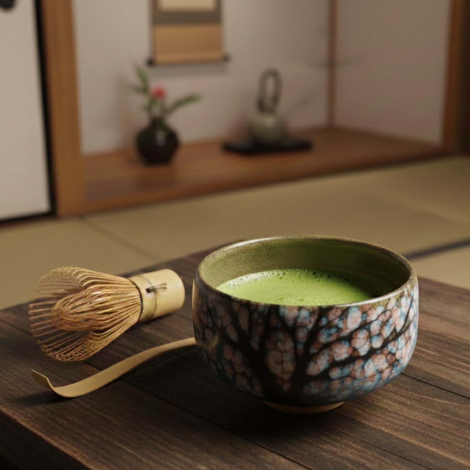 Japanese matcha bowl with green tea and bamboo whisk | Tsukushi