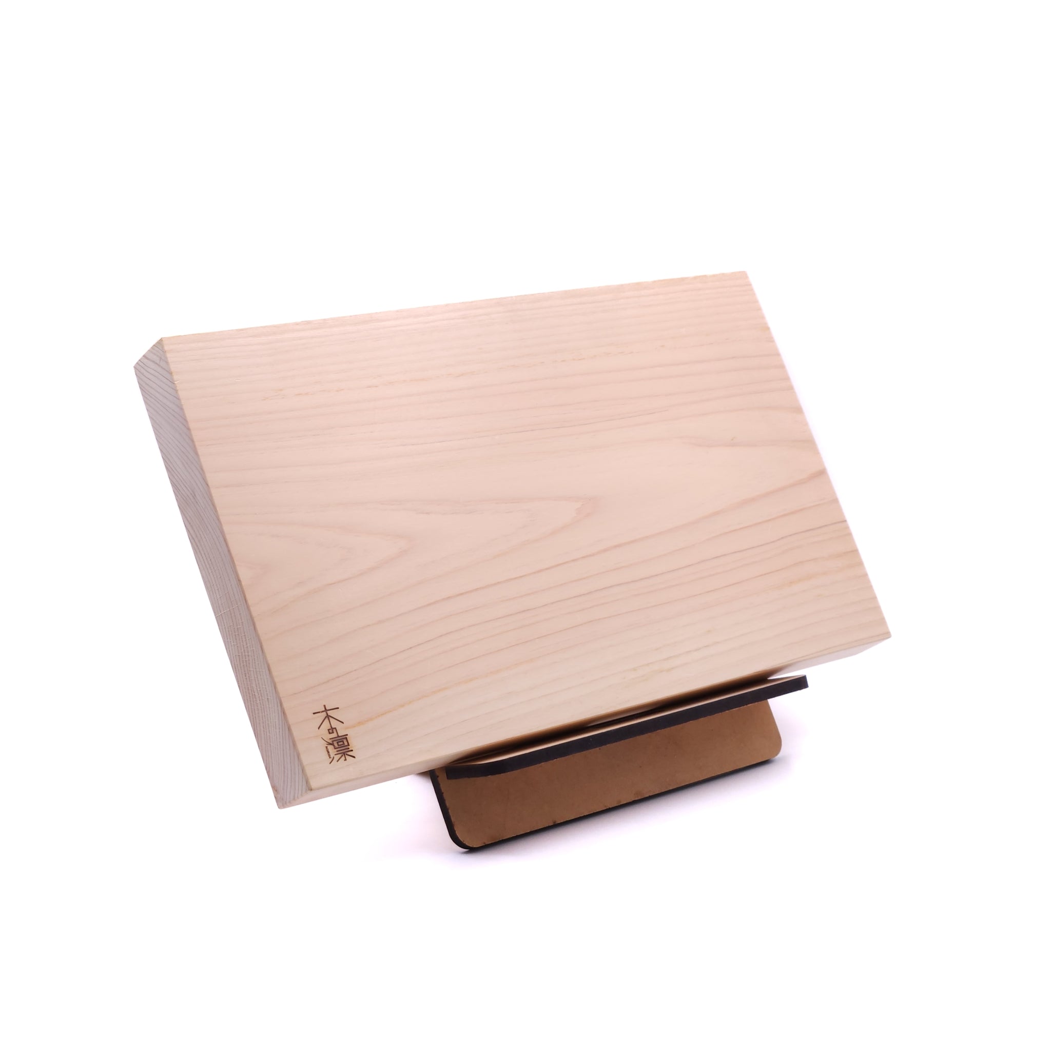A solid Hinoki wood Japanese Cutting Board on stand.