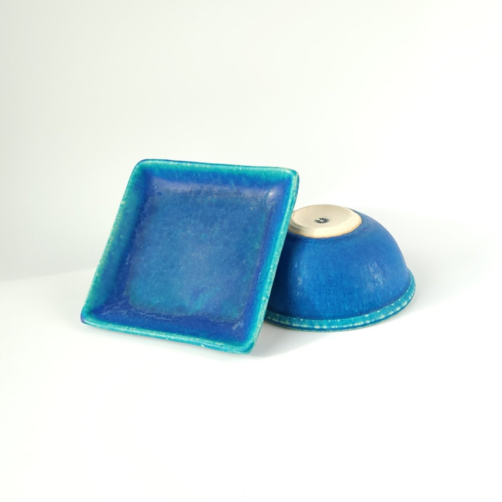 Japanese pottery square plate and bowl. Tsukushi