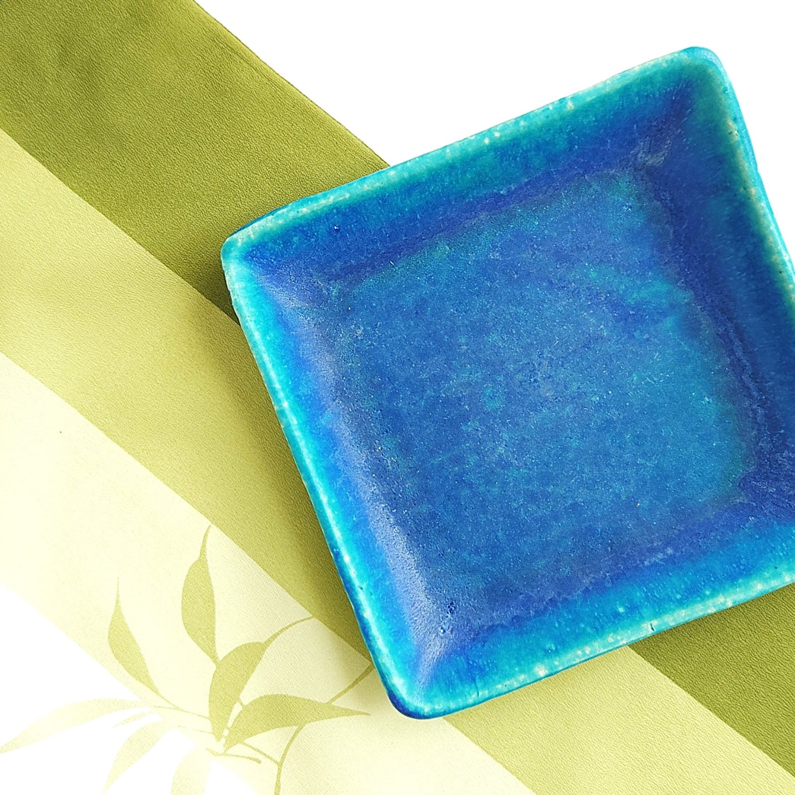 Turquoise Jappanese pottery square plate. Tsukushi